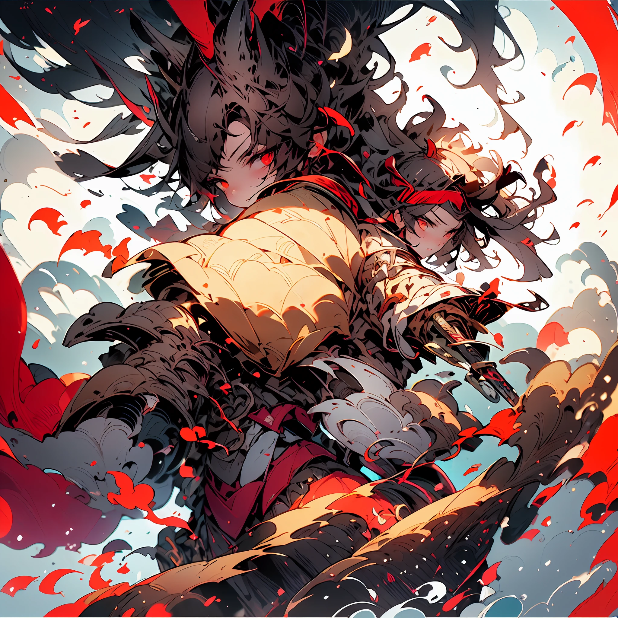 Create an AI illustration of a young girl, (black short hair), red eyes, a deer antler headband.samurai,samurai_aromr,holding Japanese sword,frontal face,head shot,head shot, shoot from above,expressionless,detailed skin, She wears armor while pairing it with a miniskirt, showcasing her unique style. Please draw this illustration in the highest quality possibl, large-scale artwork features a winter waterfall, a white torii gate, and 100 meticulously painted white foxes, generated in a photo-realistic 4DCG art style and photographed in a bird’s eye view from above the torii gate.