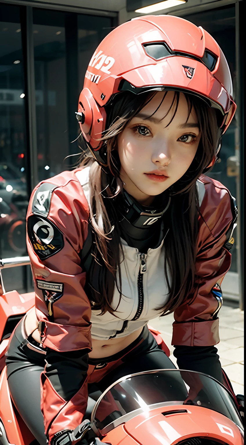 Highest image quality, outstanding details, ultra-high resolution, (realism: 1.4), the best illustration, favor details, highly condensed 1girl, with a delicate and beautiful face, dressed in a black and pink mecha, wearing a mecha helmet, holding a directional controller, riding on a motorcycle, the background is a high-tech lighting scene of the future city.