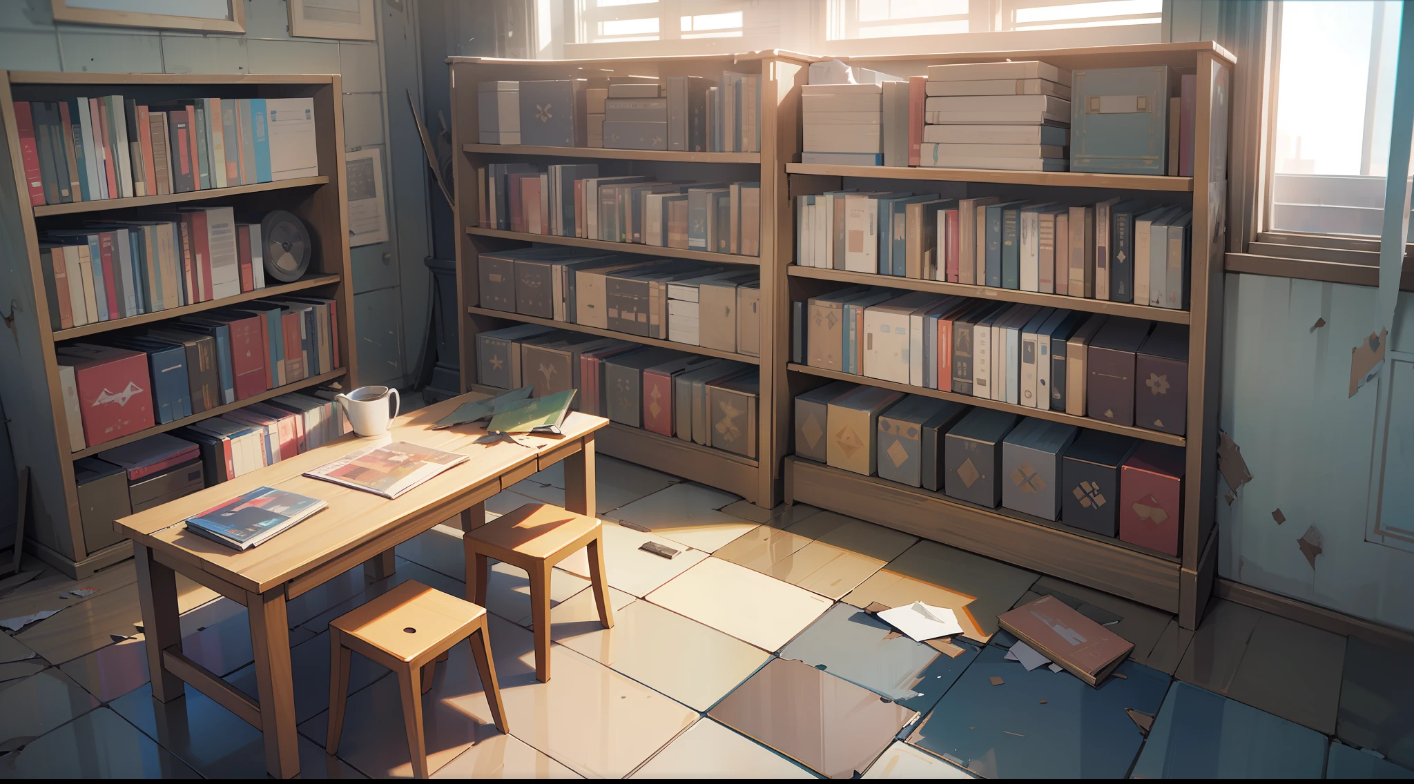 3D model HD rendering，Architectural renderings of the interior of the library，Right-angled isometric view，45 degree angle，（greybackground），high detal，cinematic ligh，Global illumination，Realistic lighting，unreal engine rendered，Substance 3D，Octane rendering，(hdr:1.3), (Cluttered shabby street shops，All over the place），crashing，Combat damage style，an overgrown
