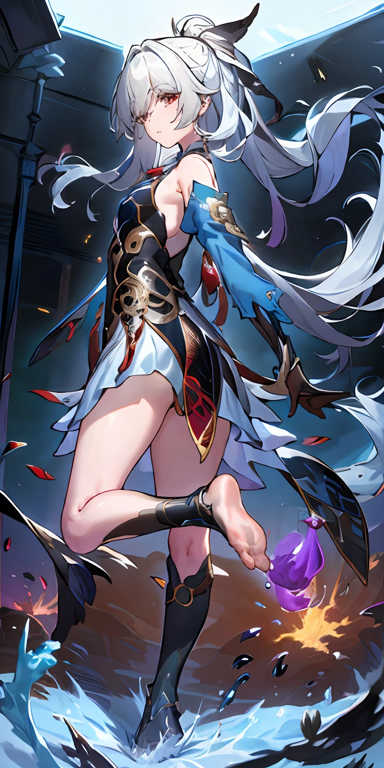 masterpiece, best quality, JingliuV4, 1girl, solo, looking at viewer, closed mouth, gloves, dress, black gloves, detached sleeves, hands behind back, no shoes, bare feet, kicking,