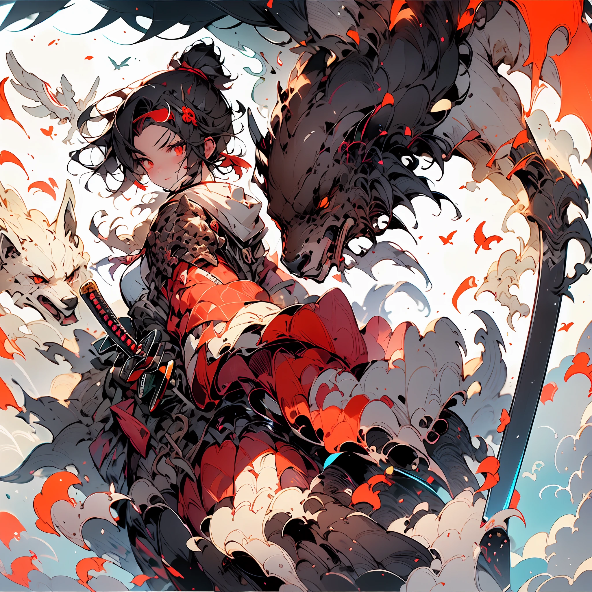 Create an AI illustration of a young girl, (black short hair), red eyes, a deer antler headband.samurai,samurai_aromr,holding Japanese sword,frontal face,head shot,head shot, shoot from above,expressionless,detailed skin, She wears armor while pairing it with a miniskirt, showcasing her unique style. Please draw this illustration in the highest quality possibl, large-scale artwork features a winter waterfall, a white torii gate, and 100 meticulously painted white foxes, generated in a photo-realistic 4DCG art style and photographed in a bird’s eye view from above the torii gate.