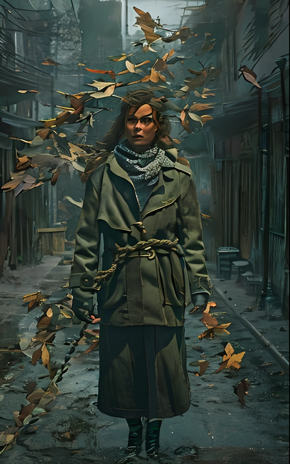 Sharp, 8K, Trending on ArtStation, an intricate, Pattern, Realistic fantasy, 7K,A hyper-realistic, hyper-detailing, analog style, The wind is looking for leaves, The leaves are twisted, The leaves fall off, , humble, low cut, An old cloak, detailed skin, Matte skin, soft-lighting, sub-surface Scattering, Realistic, Heavy shadow, Masterpiece, Best Quality, ultra realistis, 8K, the golden ratio, Intricate, high detail, Film photography, soft focus, duo, Two women in their 30s, The woman+The woman, +Blizneuw, sharp facial features, long jacket, ripped pants, An old scarf, wrapped around the head, Detailed appearance, Четкость 8 K, A huge loose rope weighs in front, In his hands, He's holding a huge rope, A whirlwind of leaves beneath your feet, BREAK , Illustrate a monochromatic world with the addition of green, Use only shades of black, White & gris, To convey depth, Emotions and striking visual impact. Landscapes."street fighter", in the style of 0MIB, many people, slums, Brad Johnson, American actor, Girl with dark hair, Wax 30 years