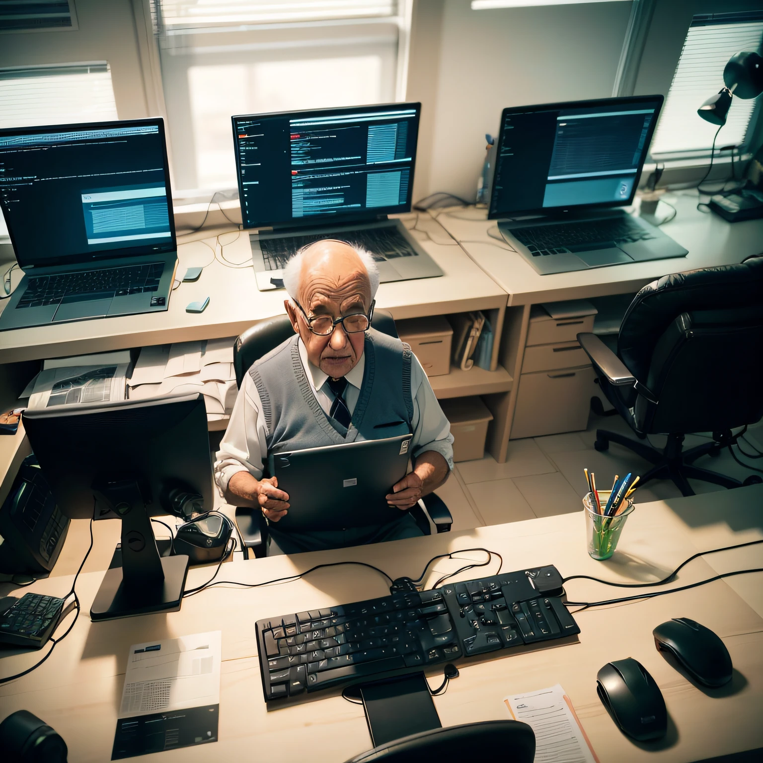 Idosa com 50 anos, trabalhando com tecnologia, salas com servidores de computador e datacenters, Programming in an office environment, Older employee helping a co-worker with a tablet, laptop or other office equipment. --auto