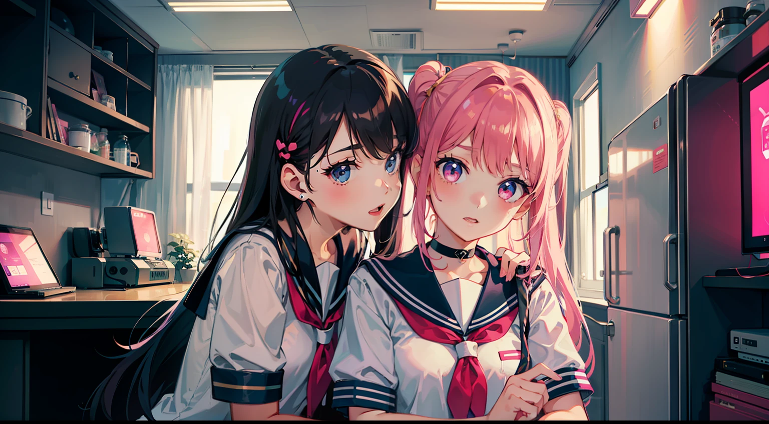 2girl, sailor suit, pink cyber punk, room