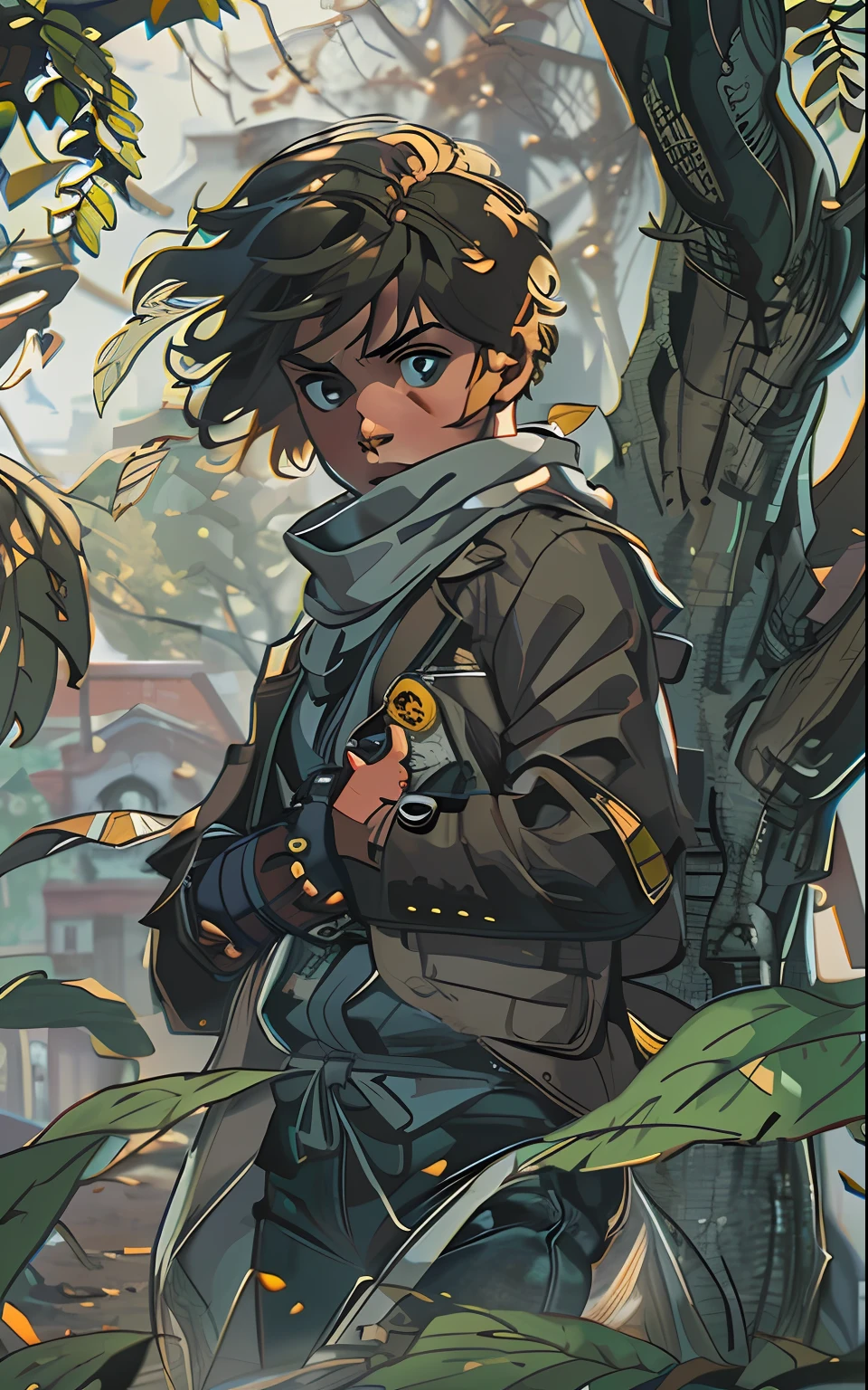 Sharp, 8K, Trending on ArtStation, an intricate, Pattern, Realistic fantasy, 7K,A hyper-realistic, hyper-detailing, analog style, The wind is looking for leaves, The leaves are twisted, The leaves fall off, , humble, low cut, An old cloak, detailed skin, Matte skin, soft-lighting, sub-surface Scattering, Realistic, Heavy shadow, Masterpiece, Best Quality, ultra realistis, 8K, the golden ratio, Intricate, high detail, Film photography, soft focus, duo, Two 10-year-old age boys, meniino, +Blizneuw, sharp facial features, long jacket, Torn pants, An old scarf, wrapped around the head, Detailed appearance, Четкость 8 K, A huge loose rope weighs in front, In his hands, He's holding a huge rope, A whirlwind of leaves beneath your feet, BREAK , Illustrate a monochromatic world with the addition of green, Use only shades of black, White & gris, To convey depth, Emotions and striking visual impact. Landscapes."street fighter", in the style of 0MIB, many people, slums, Brad Johnson, American actor, Girl with dark hair, Wax 30 years