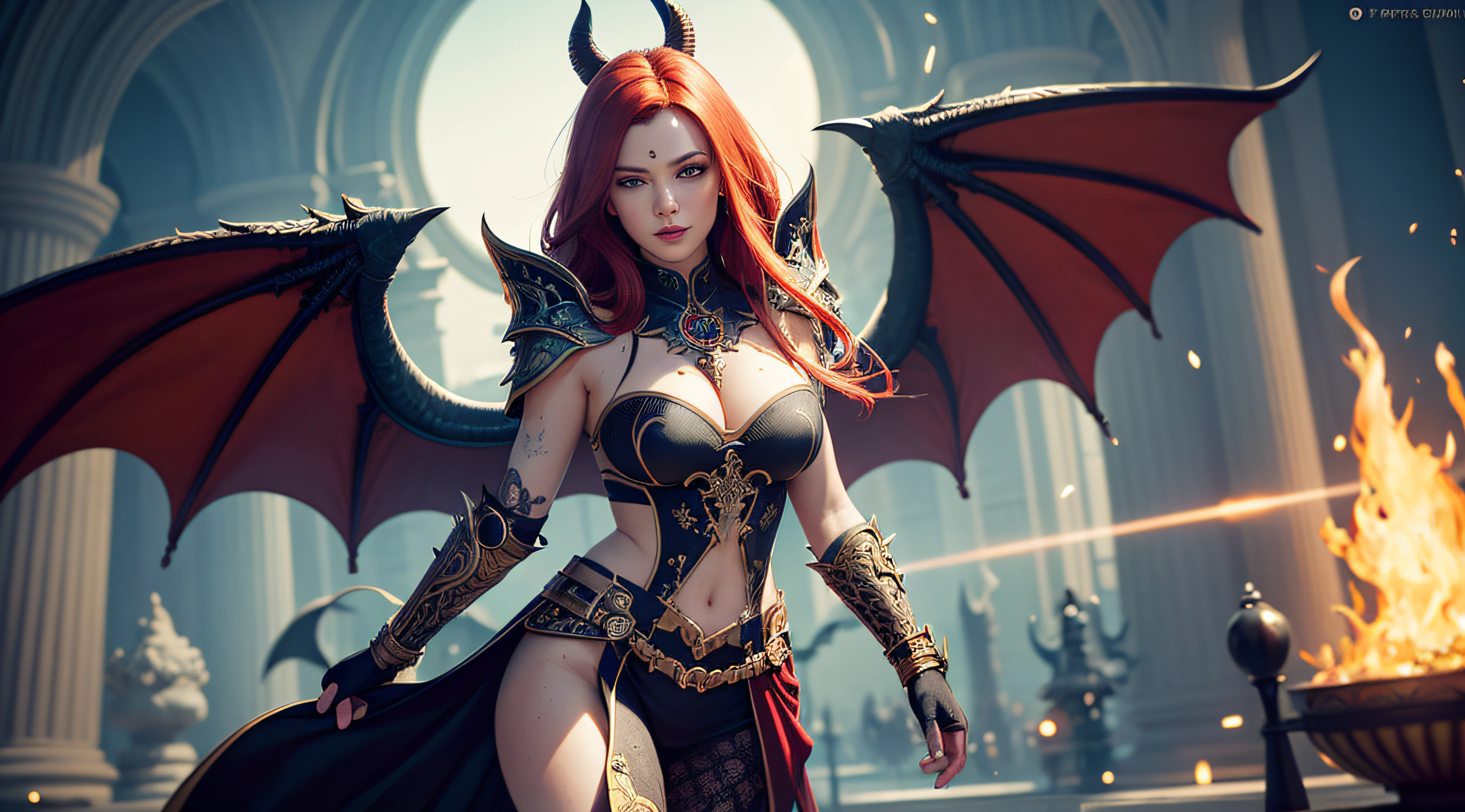 a matural female,redheadwear,Dragon's horn,Bat wings,Tattooed with,magia,Large breasts,magnificent robe,complex patterns,palaces,(skin indentation:1.5), realisticlying, realisticlying, (Masterpiece:1.5), concept-art, intricately details, highly detailed, realisticlying, rendering by octane, 8K, unreal-engine, dynamicposes, Best quality at best, A high resolution, (photorealiscic face:1.1), (Hyper-realistic:1.1), perfect eyes,(shiny skins:1.2), Radiant force, smog, magia, ((Dramatic)), Epic, battlefiled, depth of fields, Background bokeh, 4K, ashes, Particle,