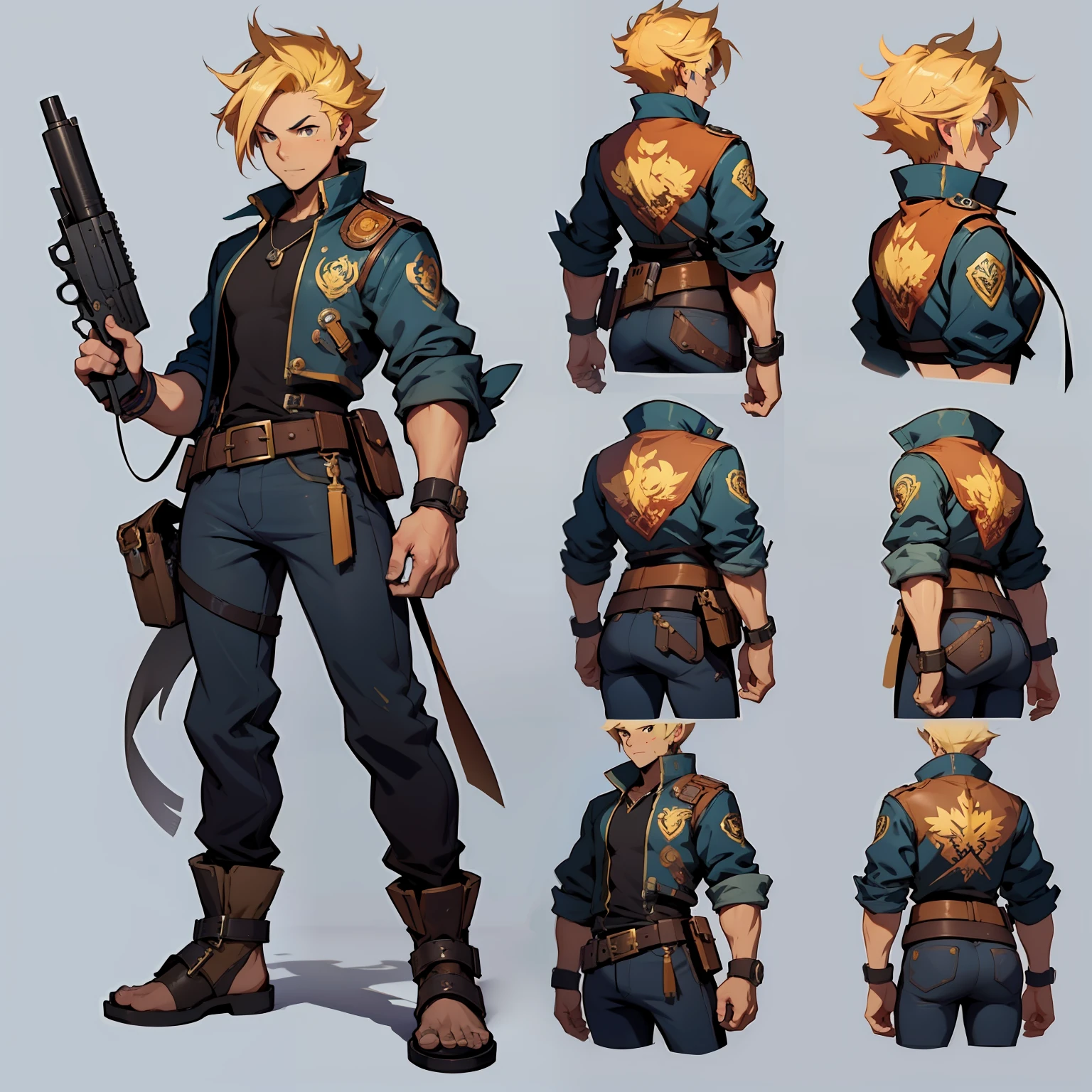 Close-up of a man in a gun costume, ((character concept art)), ((character design sheet, same character, front, side, back)) maple story character art, video game character design, video game character design, maple story gun girl, expert high detail concept art, metal bullet concept art, funny character design, Lucio as a woman, gravity rush inspiration, sticky tar. Concept art, belt buckle at waist, steampunk weapon,