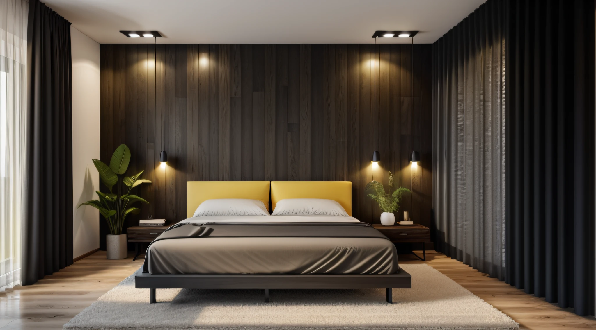 Modern bedroom,Black steel structure,Wood plank background wall,Warm yellow light,Dark gray curtains,Greenery,ultra minimalistic,tmasterpiece,A high resolution,8K