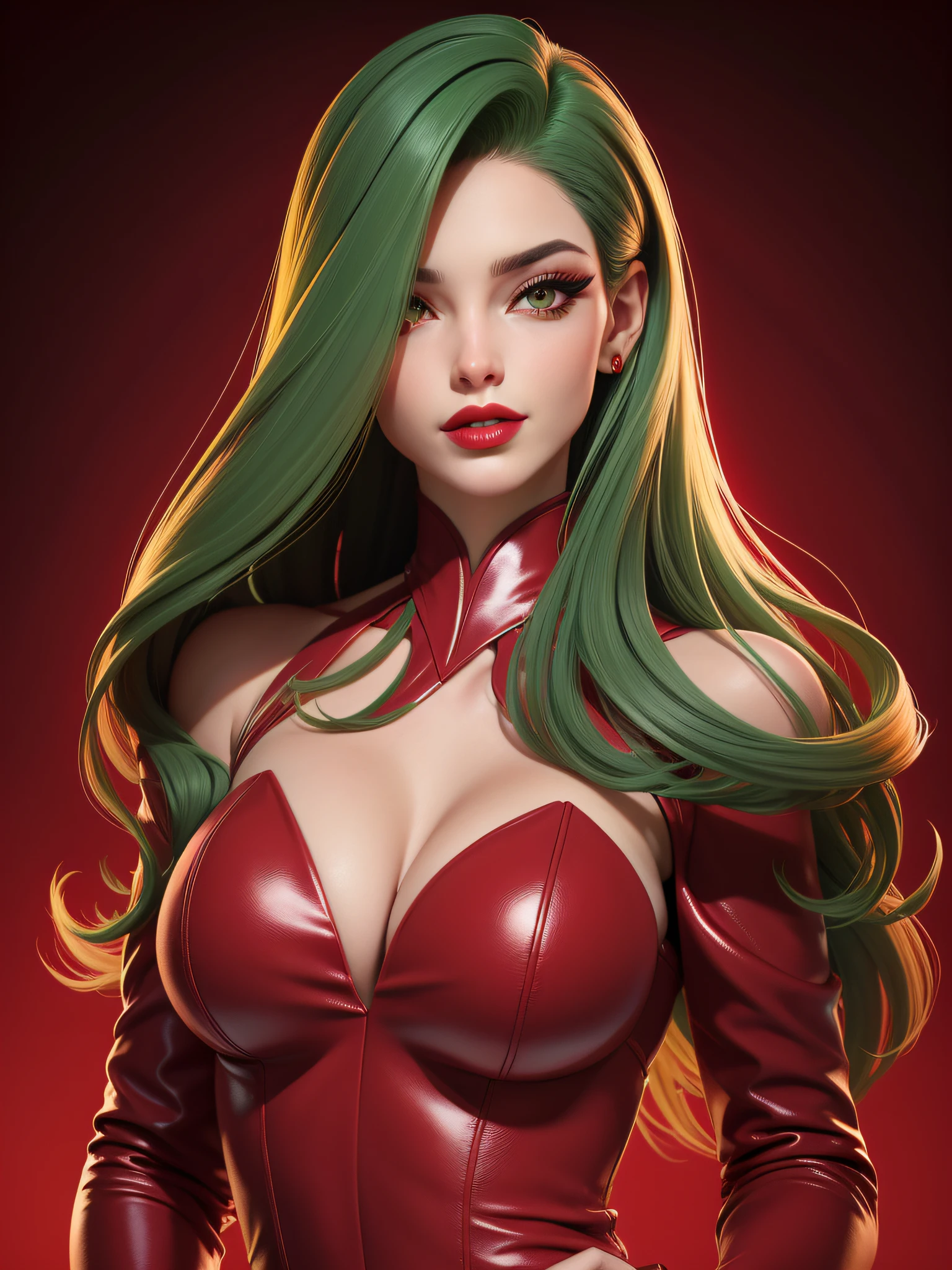 mulher com olhos verdes e cabelo loiro, rosto perfeito, with heart-shaped lips, with red lipstick at night, vestindo com uma roupa de seda vermelha com um decote em V, com um corpo perfeito, em uma festa noturna