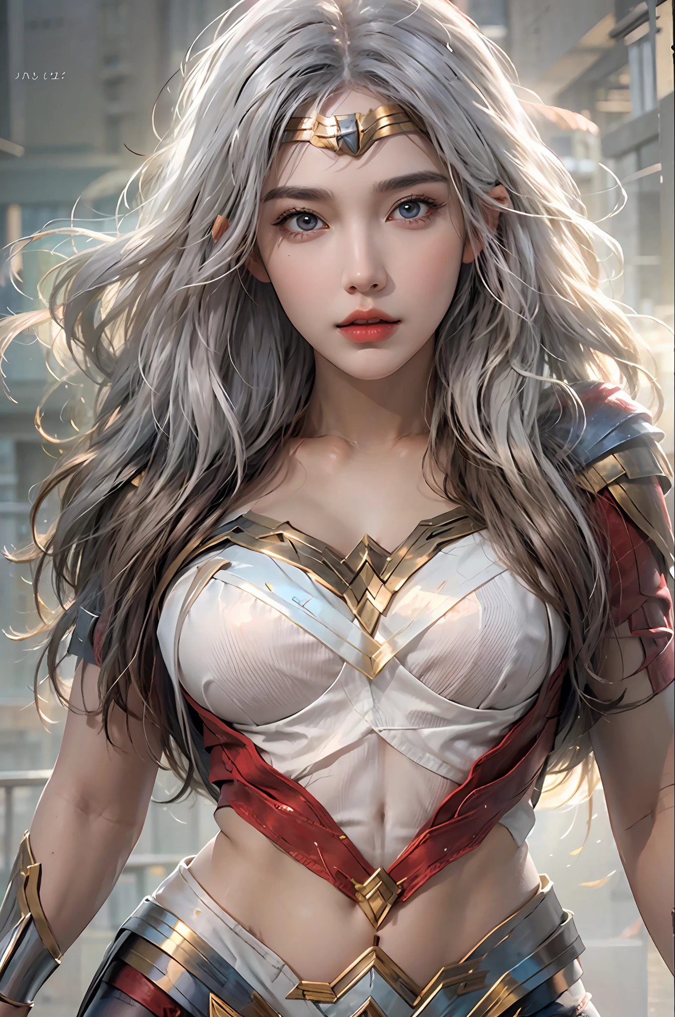 photorealistic, high resolution, 1 women, solo, hips_up, hips up, beautiful eyes, look at viewer, close lips, detailed face, white hair, wonder woman costume