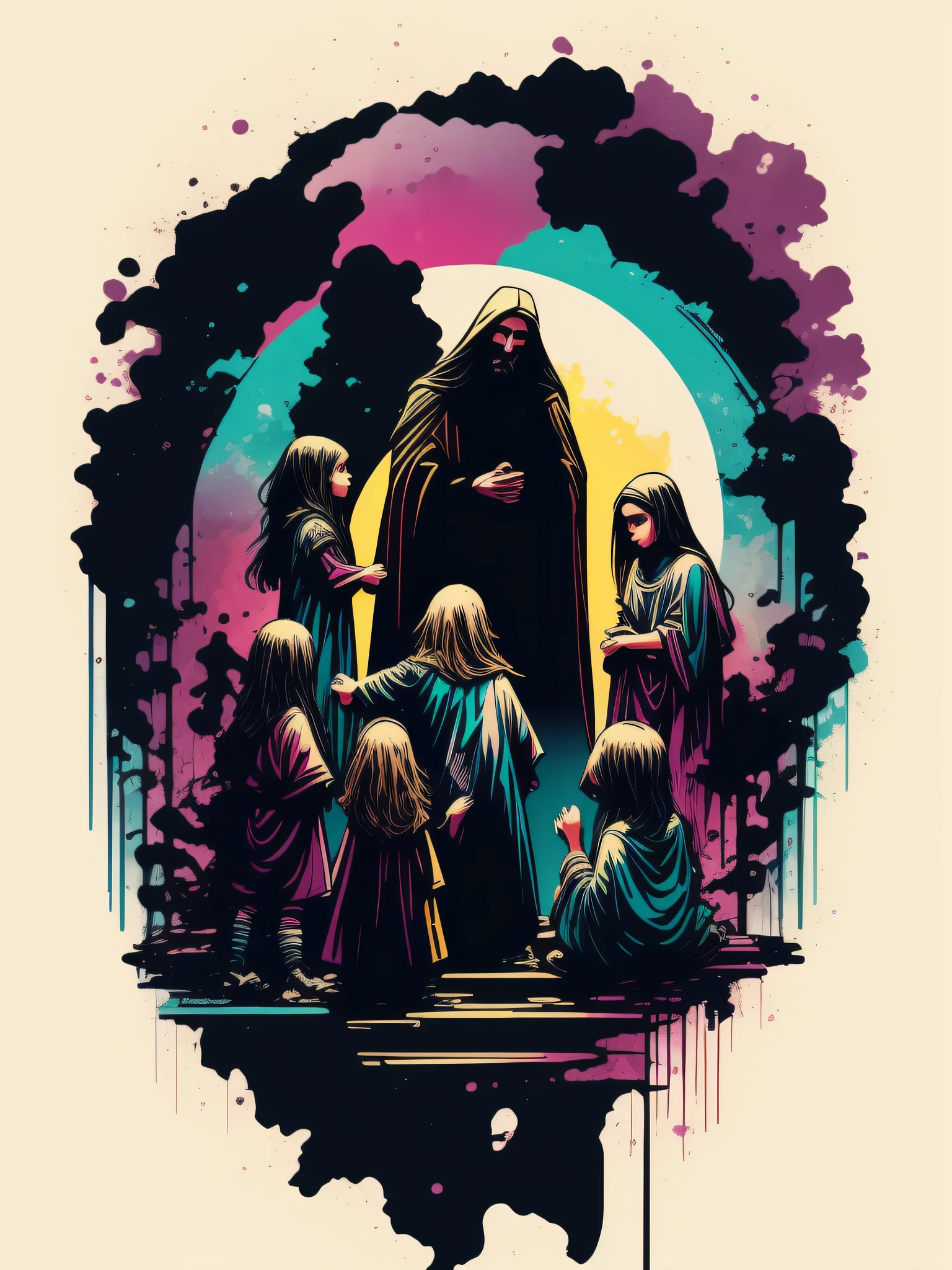 Jesus blessing children, 2D t-shirt art, Cyberpunk, epic illustration, vector, 2d illustration, black background, very colorful, full gradient modern colors, Focused, front view