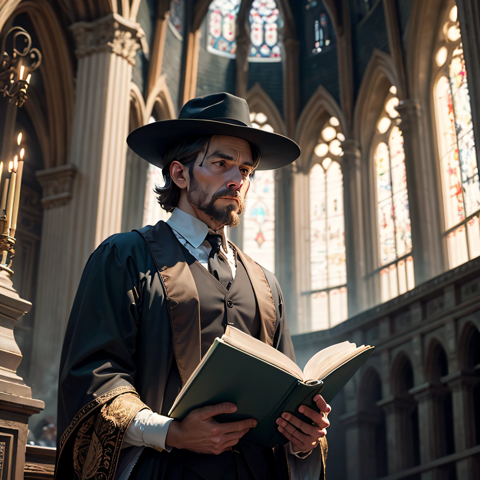 A puritan man, academic, intelligent, bright, dressed sober clothes, black clothing, black toga, black hat, Bible in hands, preaching, high-definition, realistic image, in Westminster Abbey in 16th-century London. --auto