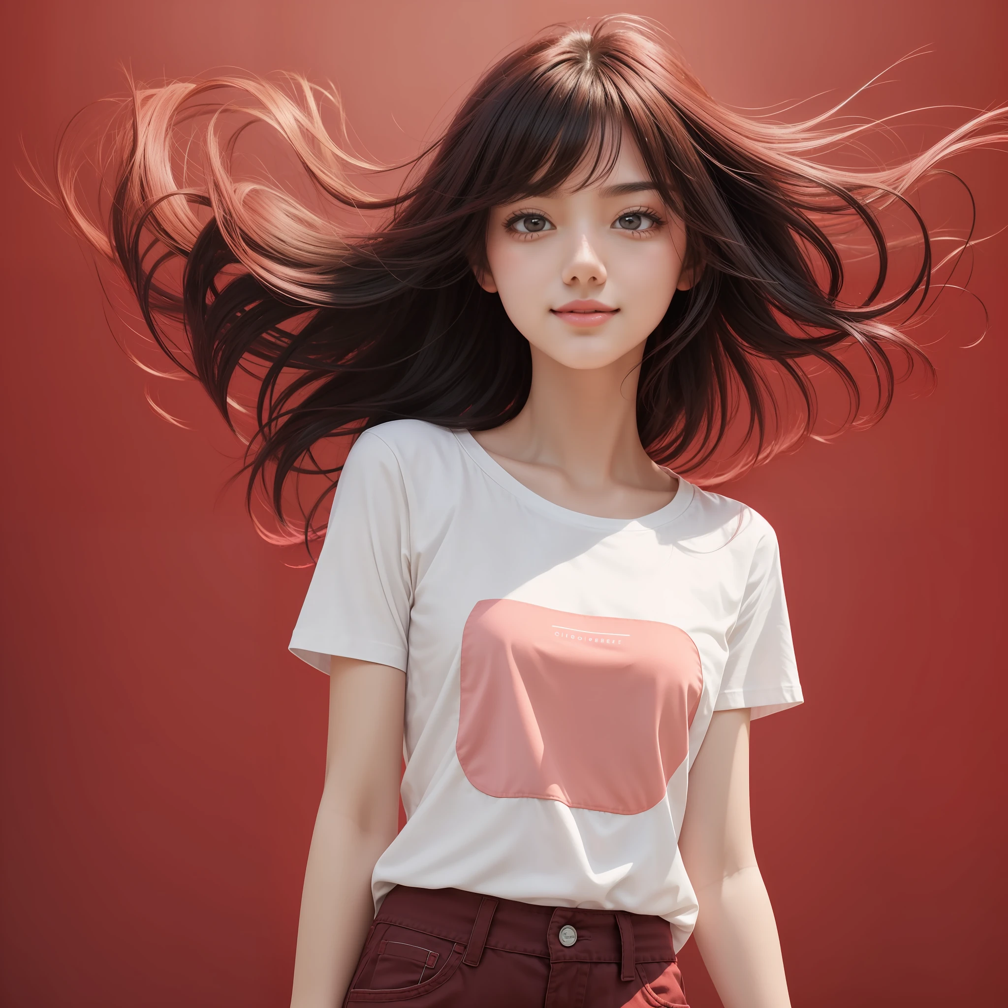 Masterpiece, Best quality, 1girll ((plain red background)), Black hair, Floating hair, Blush, looking at viewert, White T-shirt, cheerfulness, ((Front)),Upper body, Close-up, (Studio light), Soft light, Dark style, Night wind, Red light