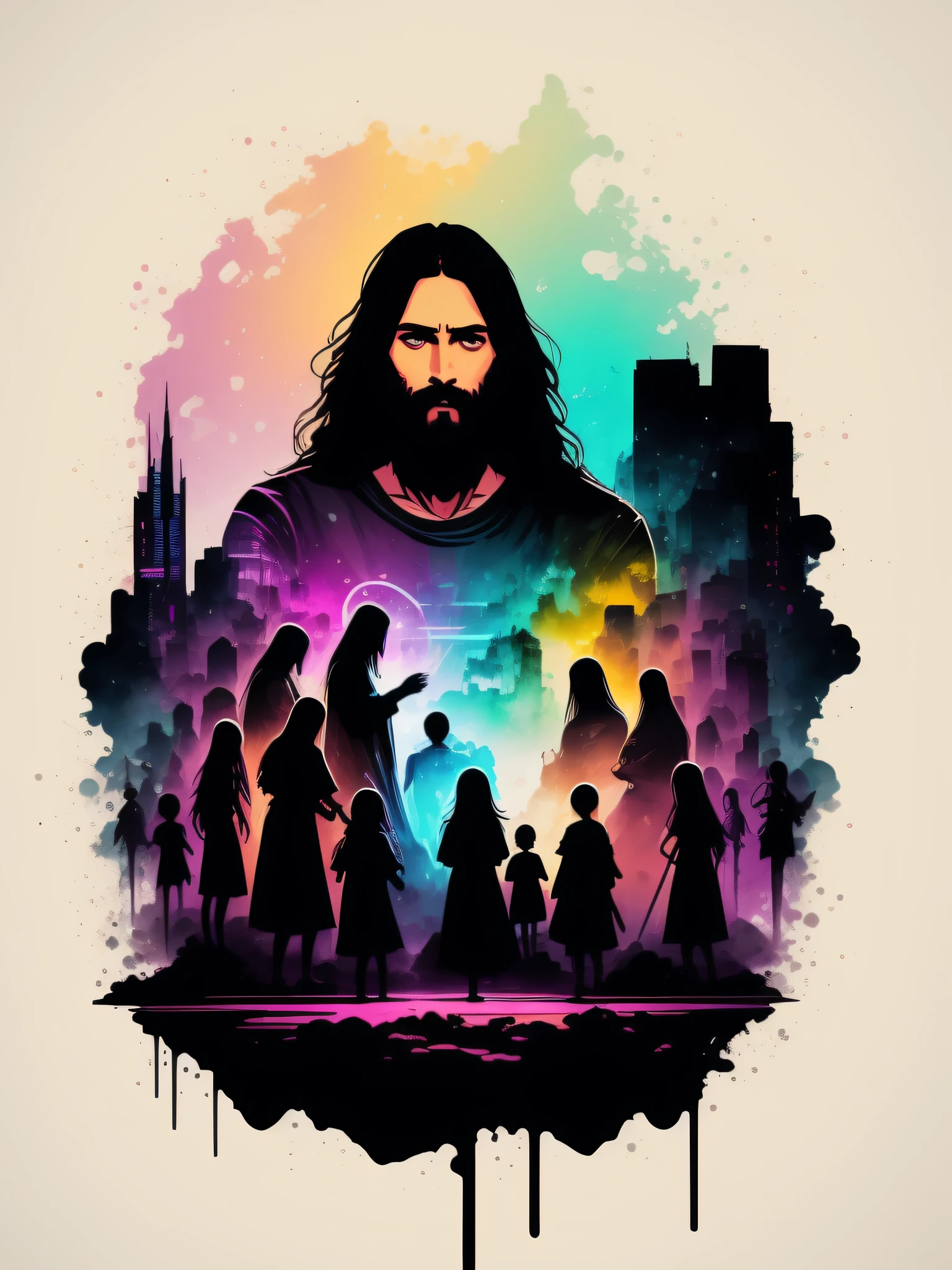 Jesus blessing children, 2D t-shirt art, Cyberpunk, epic illustration, vector, 2d illustration, black background, very colorful, full gradient modern colors, Focused, front view