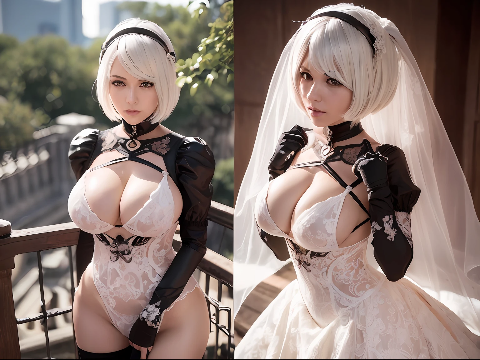 (((2b of Nier the automata ))) (((pecho grande))) (((nalgas perfectas))) ,cuerpo perfecto,(big breast) (pose caliente),Retrato de cuerpo entero ((acostada en la cama)),recostada ,Como estilo de renderizado de motor irreal, esthetic, Sorprendentemente hermoso momento sincero,(((una chica full))) body vintage aesthetic, cuerpo completo,en  ,35mm film feel, 16k, lumen –ar 9:16 –v 5.1 –q 2 –c 6 –raw ,Big style, ((muslos torneados))) usa su ropa ajustada ((wedding dress)))(( vista desde arriba )))