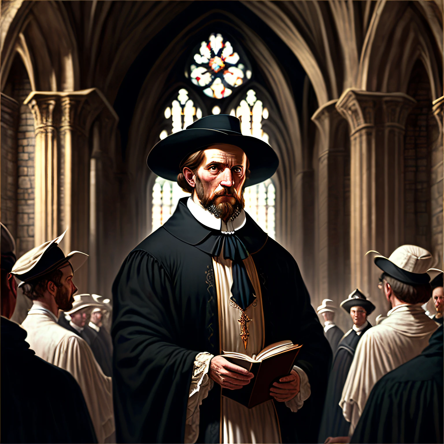 A puritan man, Scotland, academic, intelligent, bright, dressed sober clothes, black clothing, black toga, black hat, Bible in hands, preaching, high-definition, realistic image, in Westminster Abbey in 16th-century London. --auto