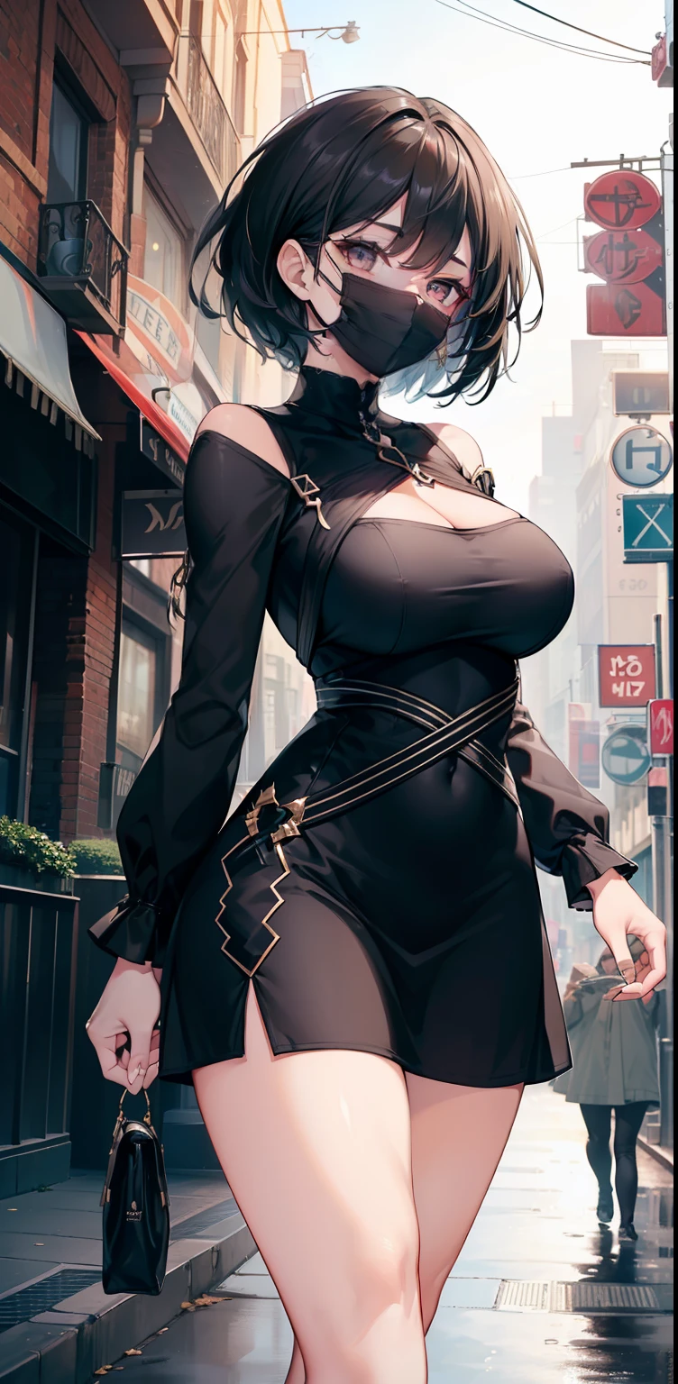 ((masterpiece)), ((best quality)), ((HD 4k)), ((brown skin)), ((perfect anatomy)), ((older woman)), woman, ((female face) ), Happy, smiling, ((black mask on the mouth)), ((dark eyes)), Eyelid, Sclera, Iris, eyebrow, eyelashes, ear, nose, Large straight black hair, ((fringe)), ((details on hair)), ((light effects on hair)), ((short black long sleeve dress)), ((lights effect on clothes)), ((body lights effect)), neck, Shoulders, ( (big chest)), arms, ((thick legs)), ((big thigh)), background scenery, ultra detailed street