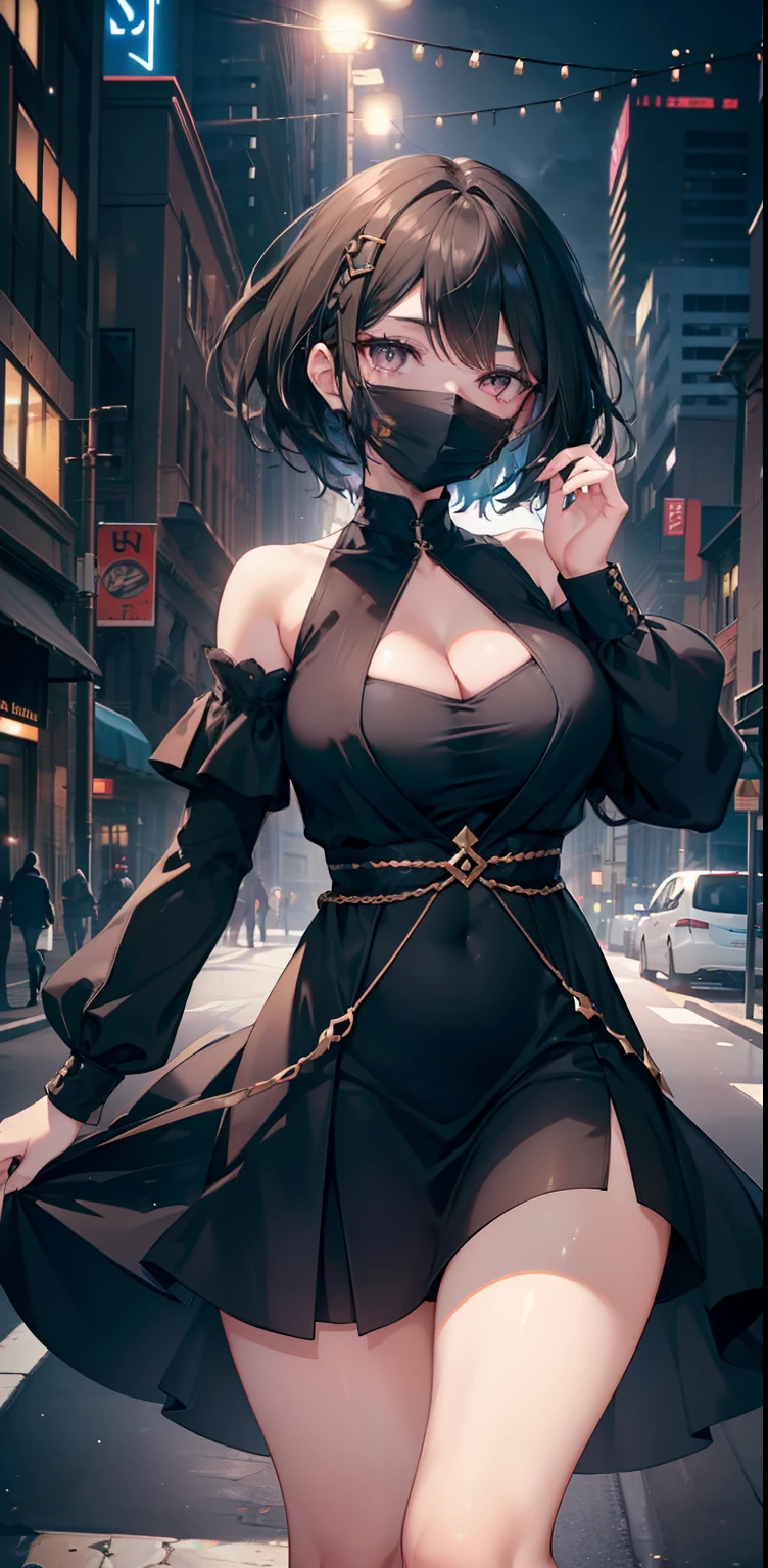 ((masterpiece)), ((best quality)), ((HD 4k)), ((brown skin)), ((perfect anatomy)), ((older woman)), woman, ((female face) ), Happy, smiling, ((black mask on the mouth)), ((dark eyes)), Eyelid, Sclera, Iris, eyebrow, eyelashes, ear, nose, Large straight black hair, ((fringe)), ((details on hair)), ((light effects on hair)), ((short black long sleeve dress)), ((lights effect on clothes)), ((body lights effect)), neck, Shoulders, ( (big chest)), arms, ((thick legs)), ((big thigh)), background scenery, ultra detailed street