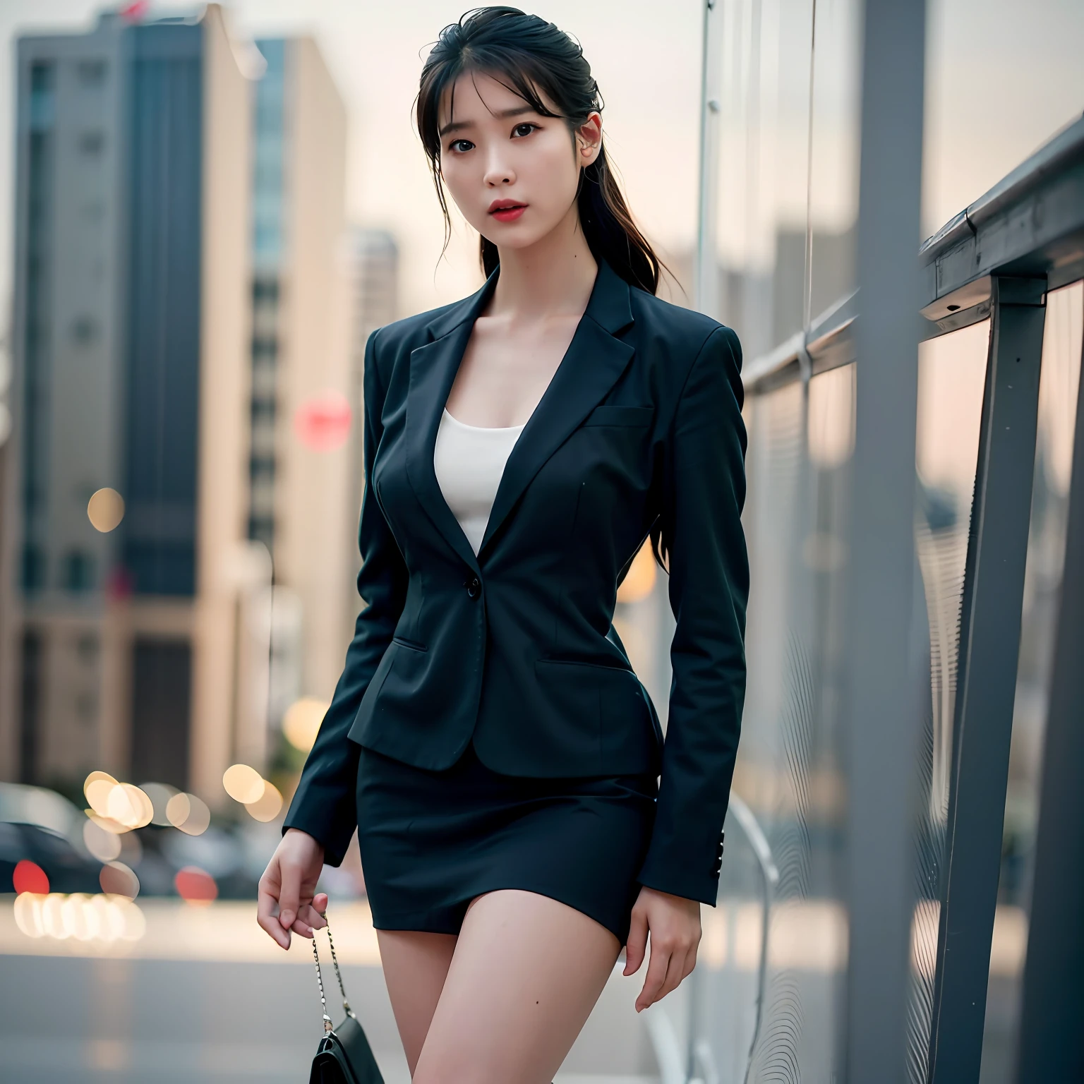 nikon RAW photo,8 k,Fujifilm XT3,photorealistic,realistic, solo, photorealistic, best quality, ultra high res, (skin spots:0.1) serious expression, , standing against a city skyline at night,business suits, short, wet and tight shirt,Suit skirt beautiful, masterpiece, best quality, extremely detailed face, perfect lighting, solo,1girl, sexy sight best quality, ultra high res, photorealistic, ultra detailed, masterpiece, best quality, iu1, big buttocks