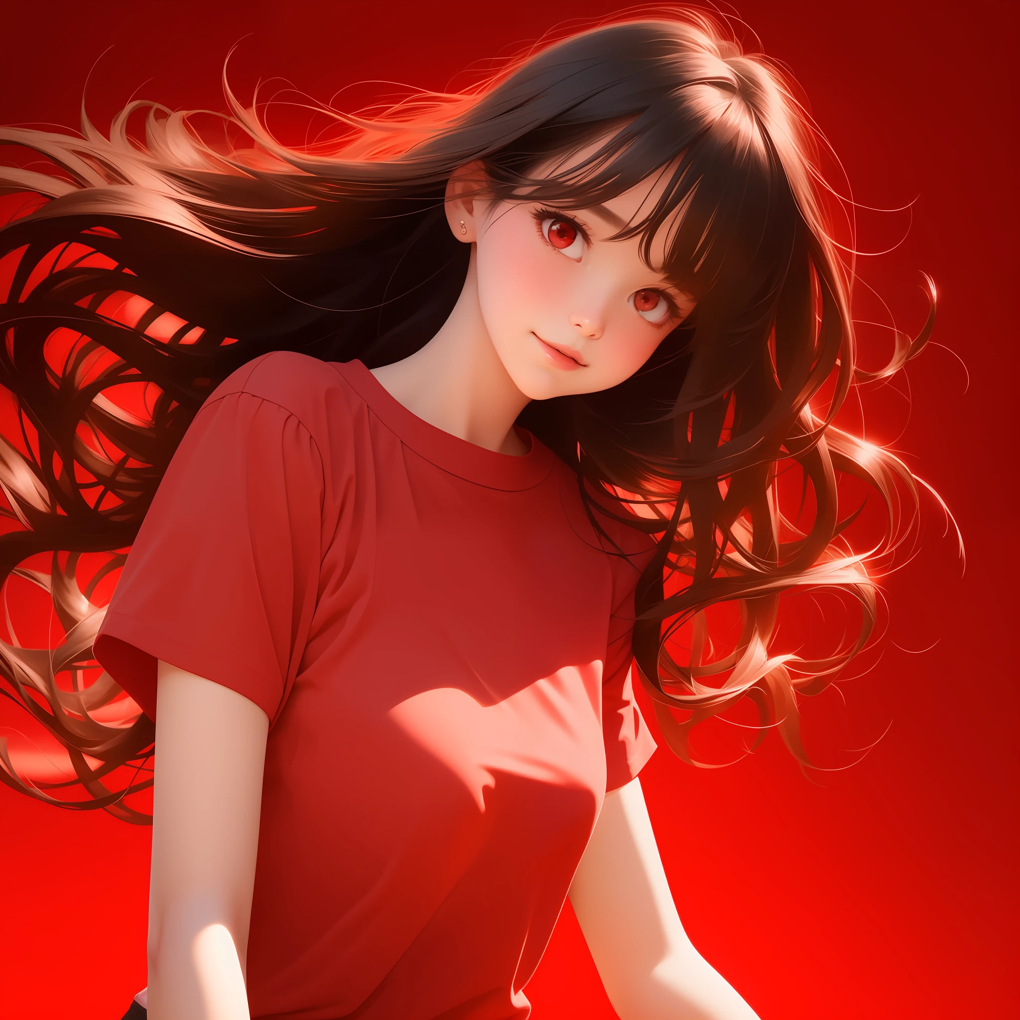 Masterpiece, Best quality, 1girll ((plain red background)), Black hair, Floating hair, Blush, looking at viewert, White T-shirt, cheerfulness, ((Front)),Upper body, Close-up, (Studio light), Soft light, Dark style, Night wind, Red light