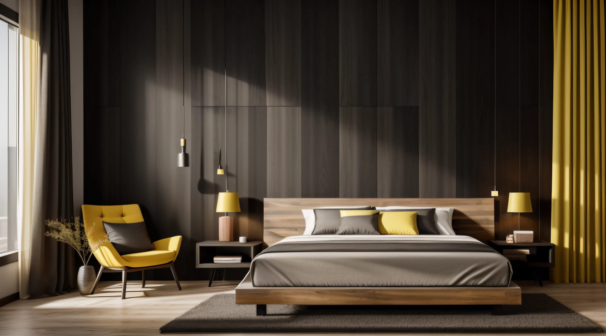 Modern bedroom，Black steel structure，Wood plank background wall，Warm yellow light，Dark gray curtains，Greenery，ultra minimalistic，tmasterpiece，A high resolution，8K