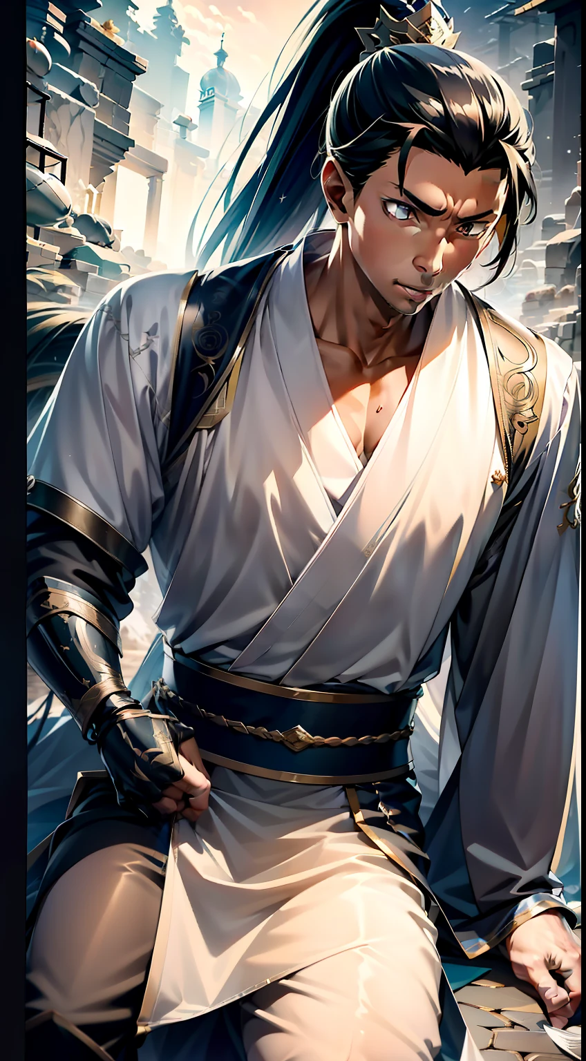 quadratic element,style of anime,mtu(Male Warrior),The proportions are correct,Face details,swordsmen,High ponytail hairstyle,Neck details,There is an Adam's apple,Black Hanfu,kaftan,Embroidered robes,Black robe,clothes details,Handing over,longer sleeves,Game quality,Swordsmanship,Light and shadow tracking,Ray traching,detailed glow,cg render,hair detail,long white hair,Black eyes,Handsome,Handsome,(juvenile sense),Clothing is complicated,Perfectcomposition,Refinement,high qulity,higher details,Lots of details,The background is complex,a sense of atmosphere,