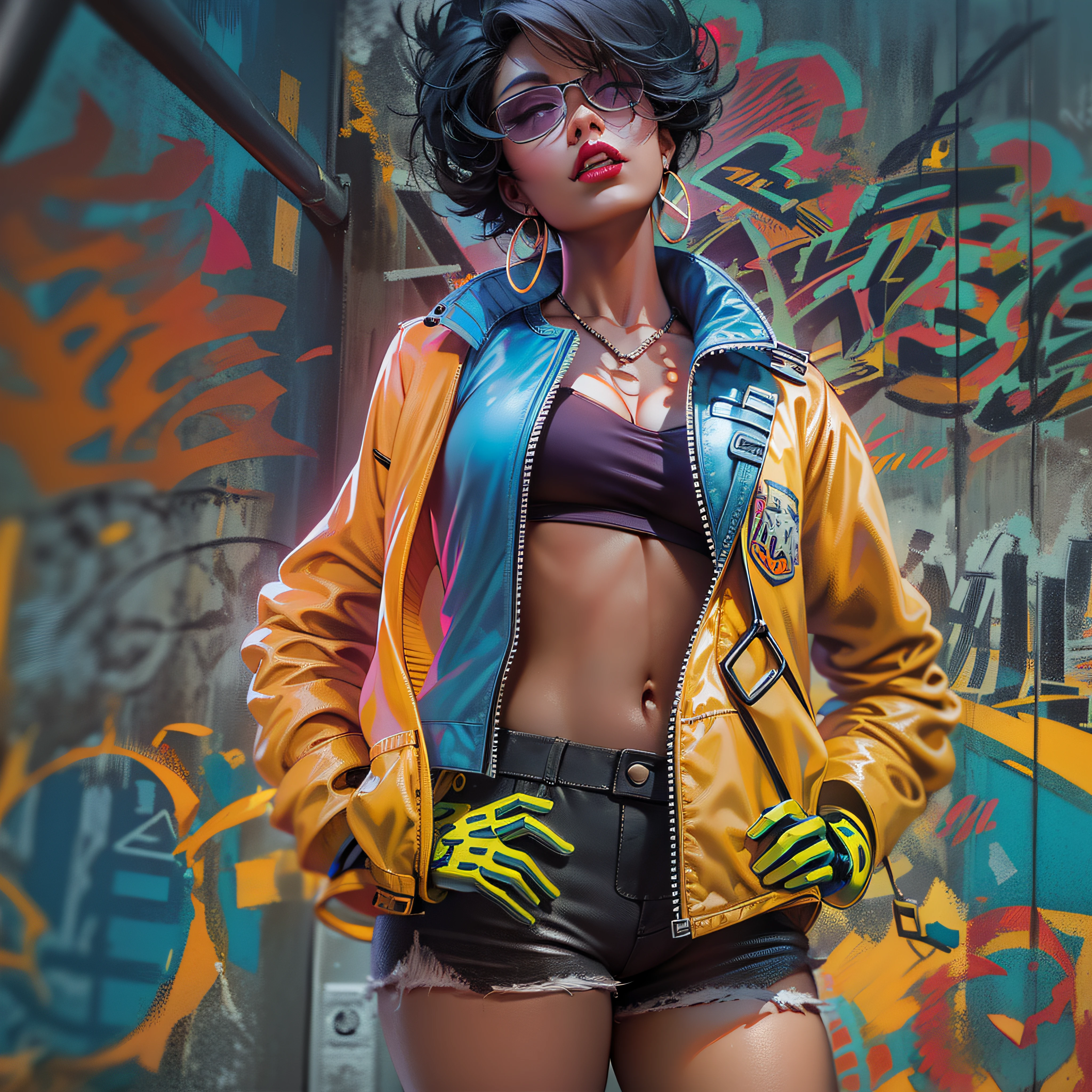 jubilee,short black hair,brown eyes ,lips ,lipstick,dark skin,solo, standing,  hands on hips, upper body, close up,
jubJak, denim shorts , open yellow jacket, purple shades on head, hoop earrings ,((blue gloves)), pink shirt, blue boots,
streets, chain fence, wall with graffiti, retro,
(insanely detailed, beautiful detailed face,  masterpiece, beautiful detailed  eyes, best quality) photo-realistic, octane render,