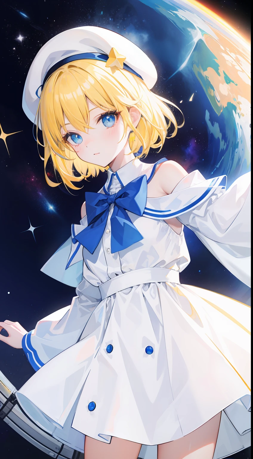 Yellow-haired,white dresses,eBlue eyes,star accessories,Blue bow tie,white beret(It has a blue bow on it,outerspace,Skysky