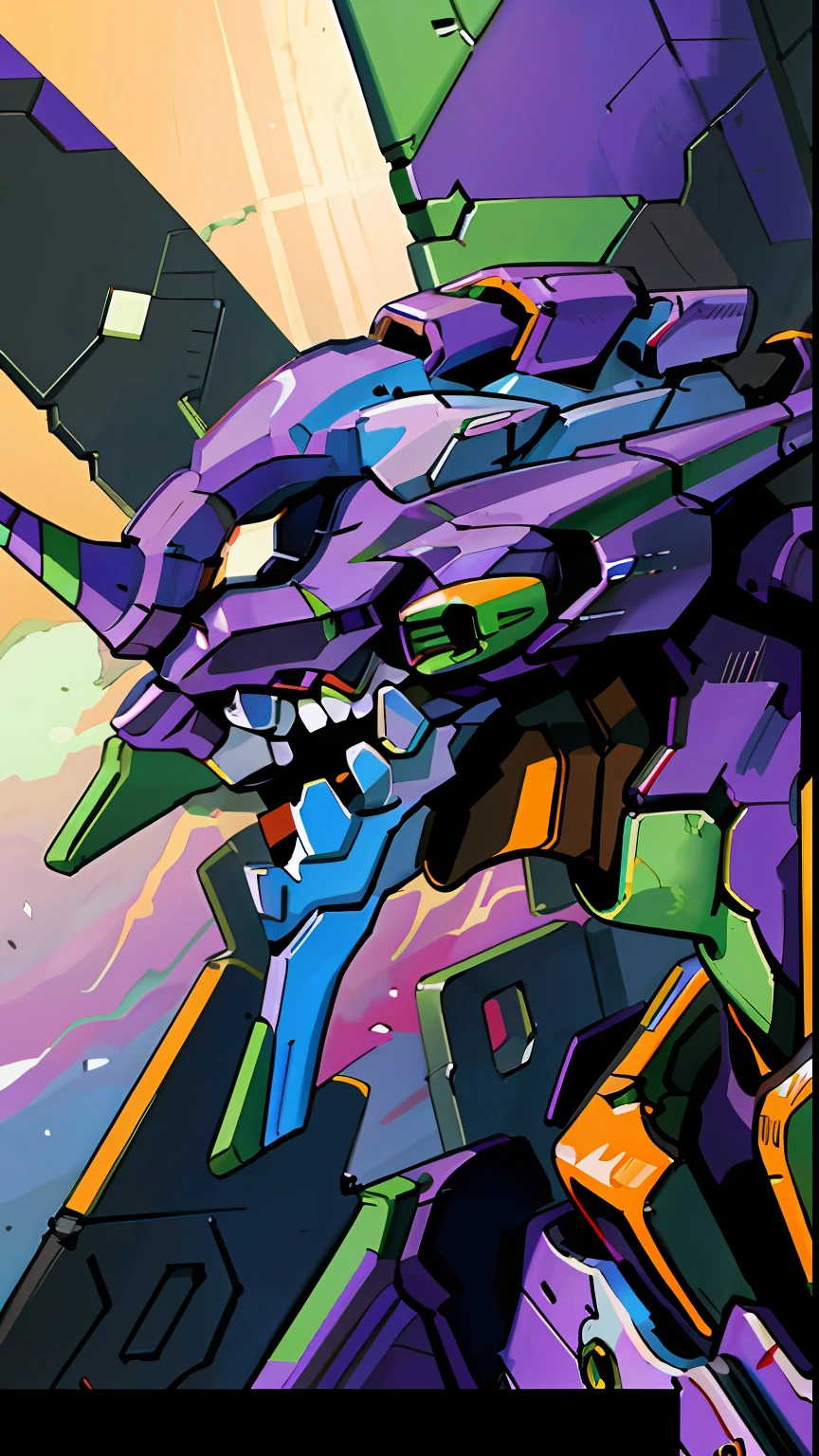 (eva 01), evagod, evangelion mecha, science fiction, looking at viewer, (official art, Best quality, masterpiece:1.2), illustration, high res, beautiful abstract background, Futurism, cyberpunk, intense angle,