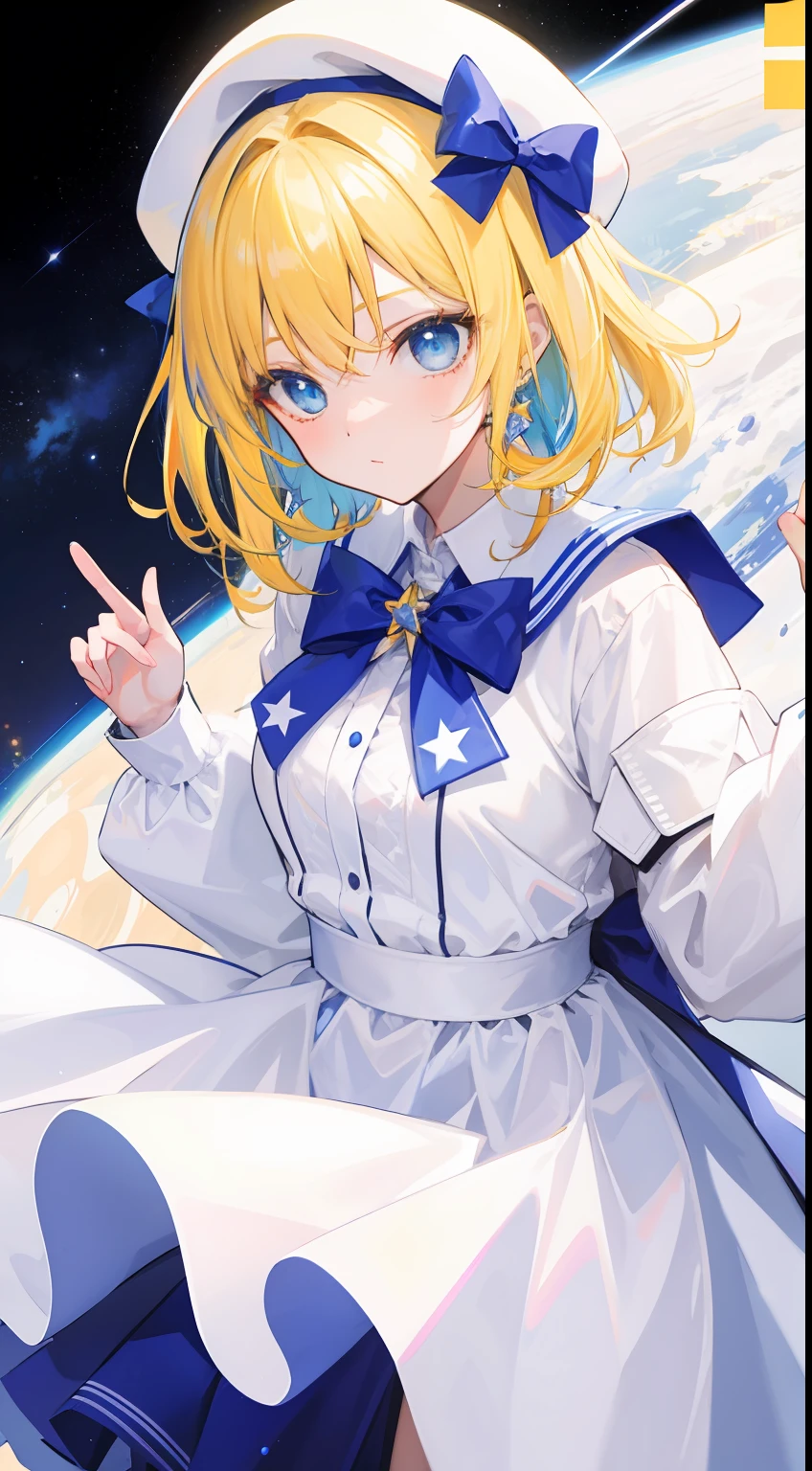 Yellow-haired，white dresses，eBlue eyes，star accessories，Blue bow tie，white beret（It has a blue bow on it，outerspace，Skysky