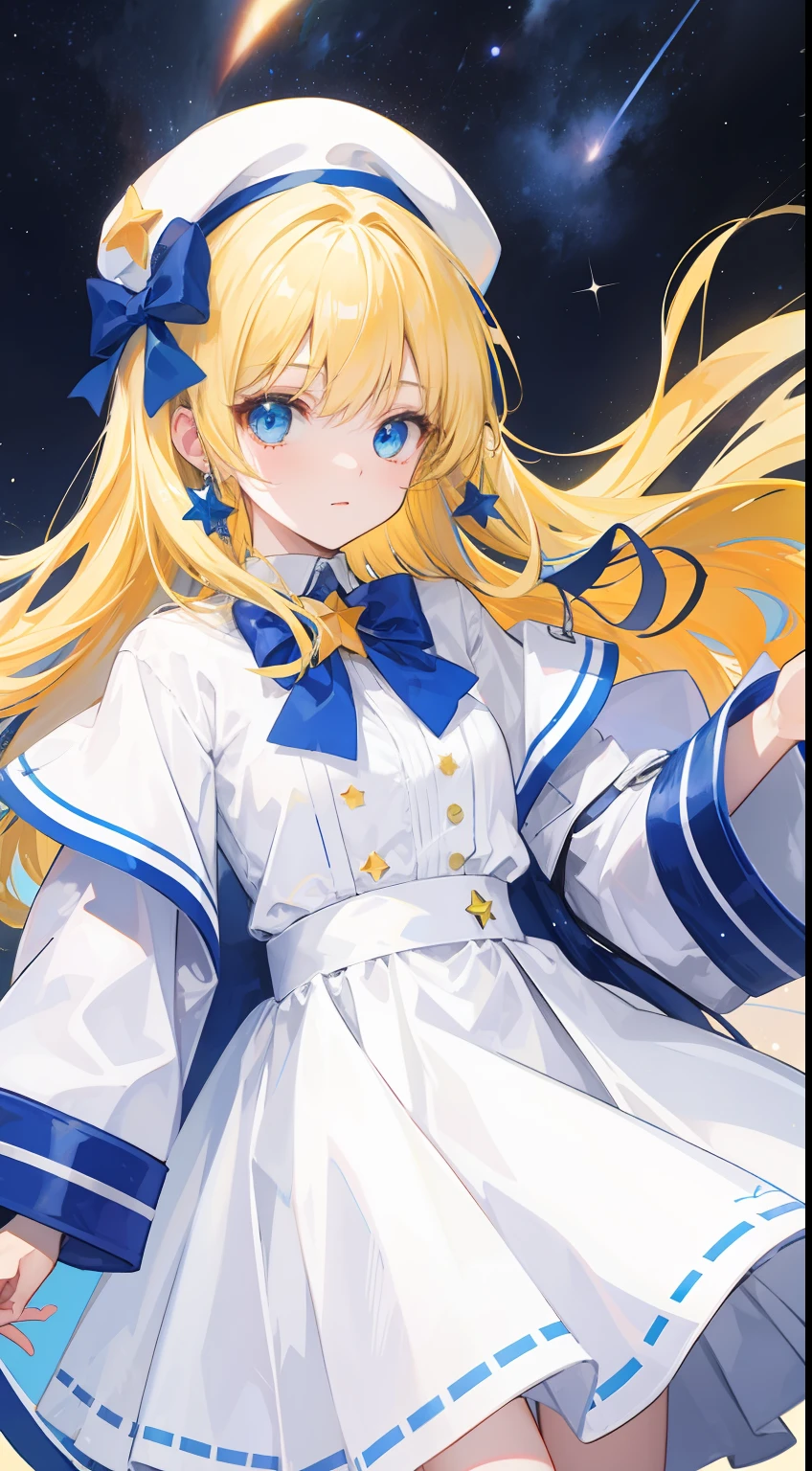 Yellow-haired,white dresses,eBlue eyes,star accessories,Blue bow tie,white beret(It has a blue bow on it,outerspace,Skysky