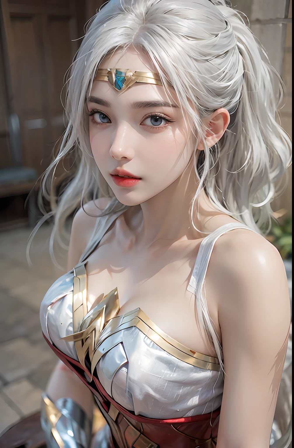 photorealistic, high resolution, 1 women, solo, hips_up, hips up, beautiful eyes, look at viewer, close lips, detailed face, white hair, wonder woman costume