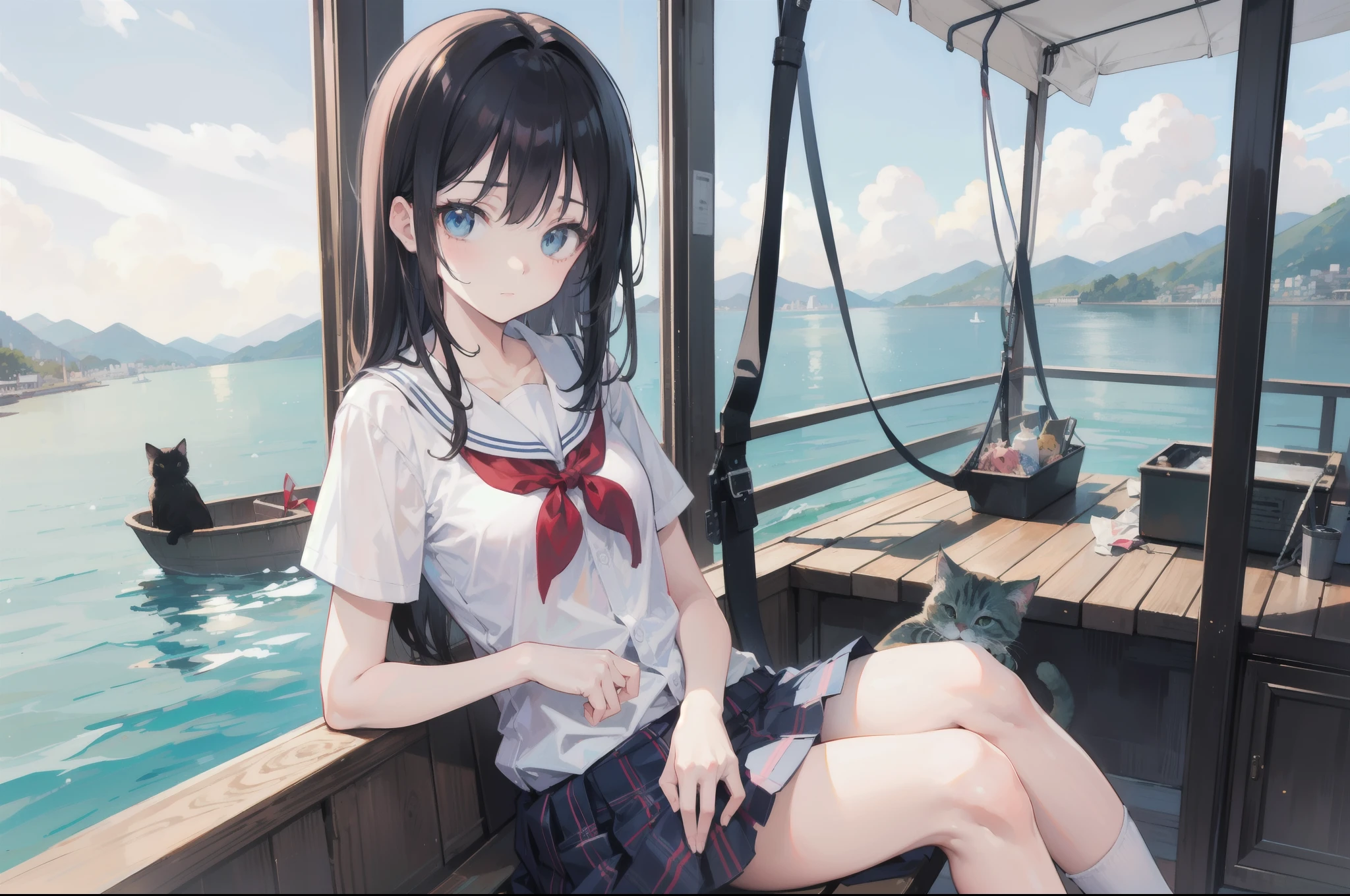 (best quality, ultra detailed, kawaii girl, 1girl), Summer school uniform, white shirt, plaid skirt
BREAK
Magnificent view, Onomichi, Seto Inland Sea, small boats can be seen, Cat at the girl's feet