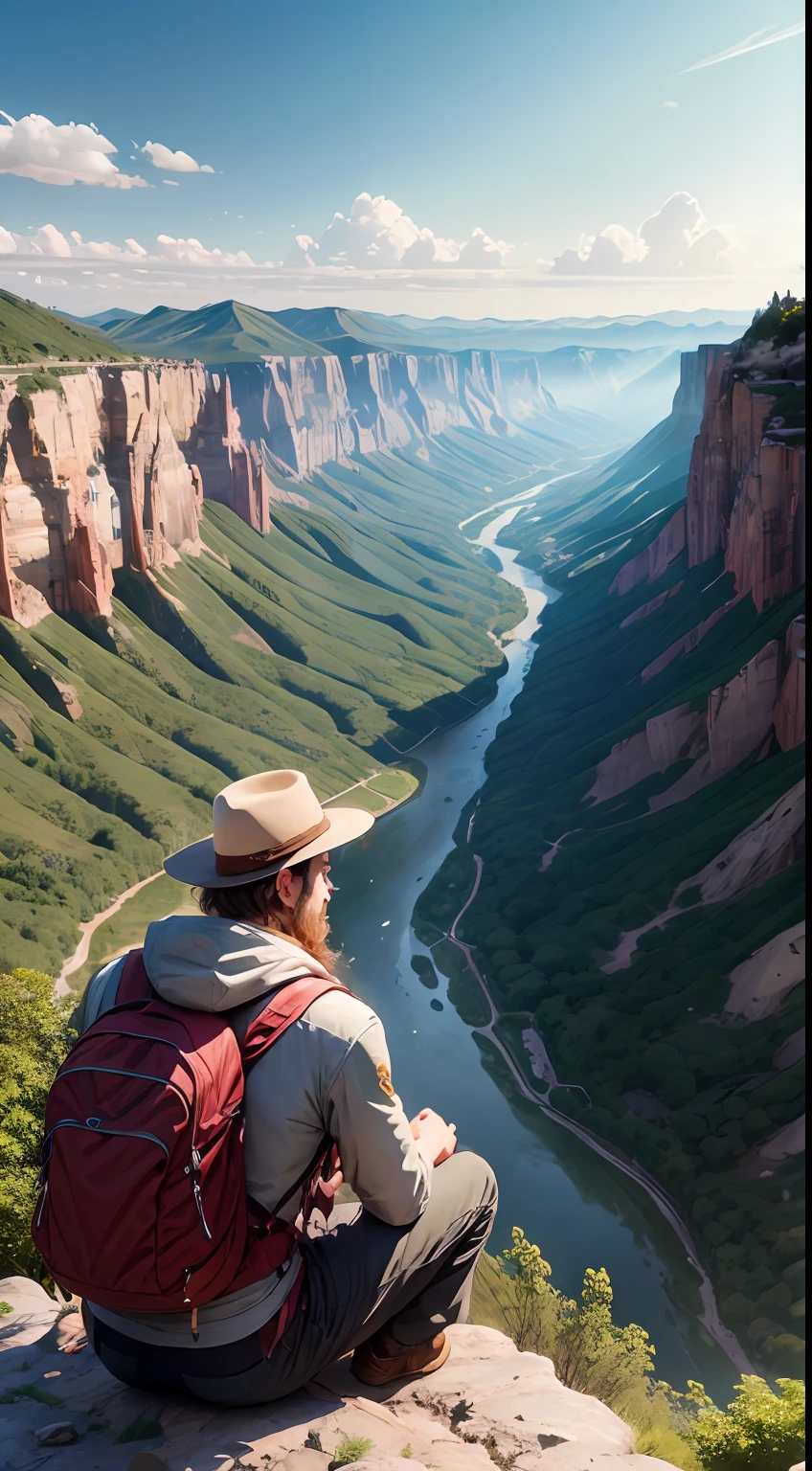 A guy at the top of a mountain range, River Valley, A city in the river valley
