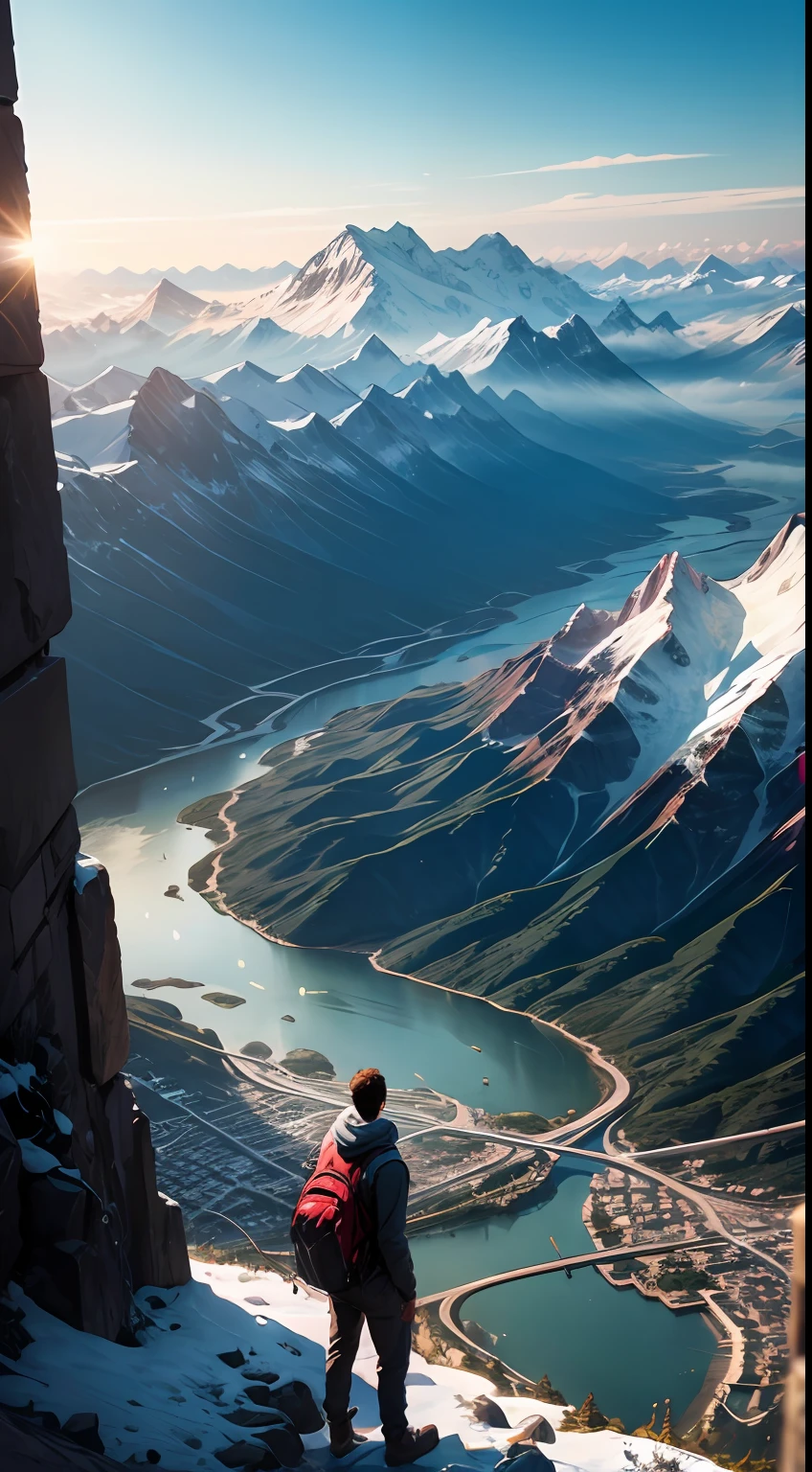 A guy at the top of a mountain range, River Valley, The city,