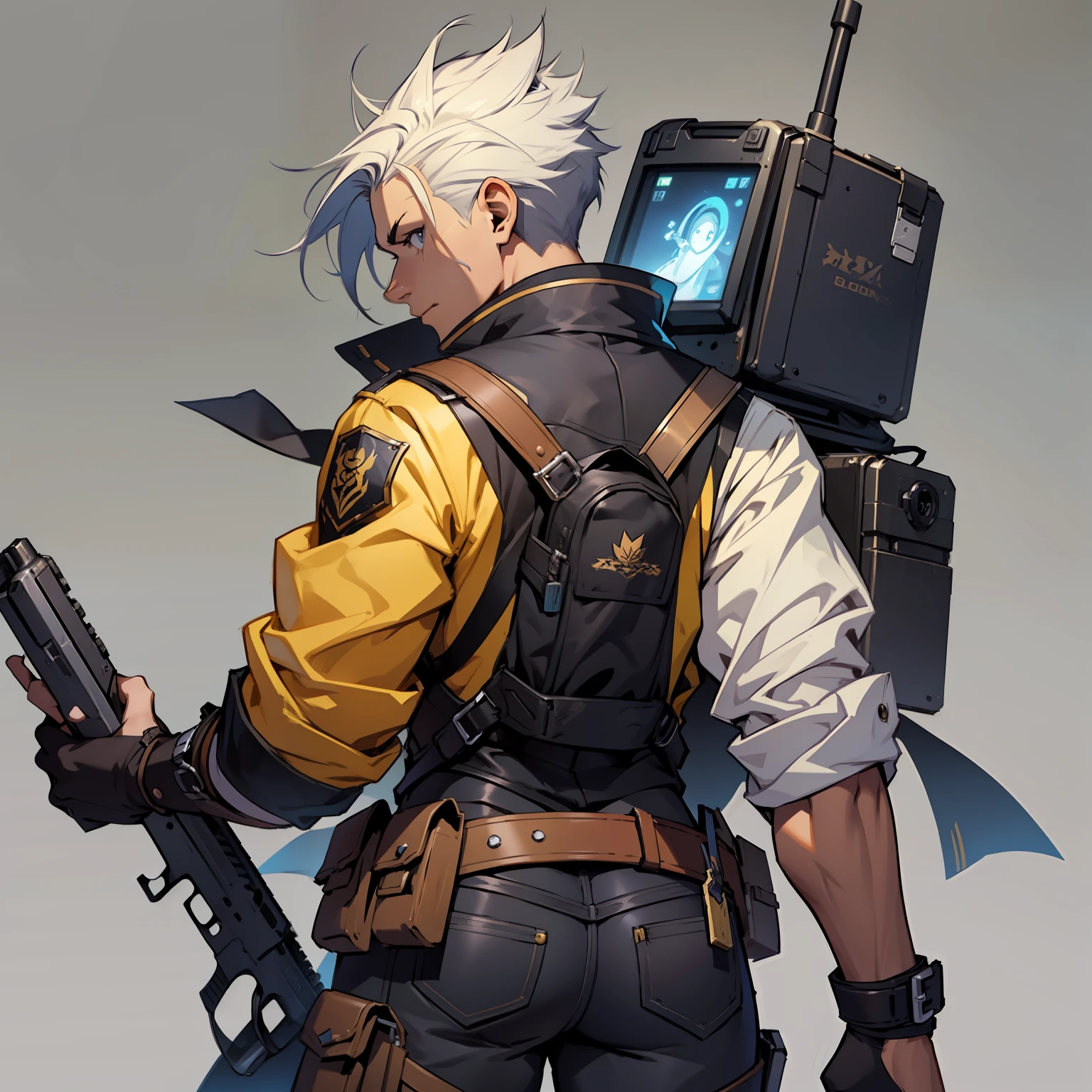 Close-up of a man in a gun costume, ((character concept art)), ((character design sheet, same character, front, side, back)) maple story character art, video game character design, video game character design, maple story gun girl, expert high detail concept art, metal bullet concept art, funny character design, Lucio as a woman, gravity rush inspiration, sticky tar. Concept art, belt buckle at waist, steampunk weapon,