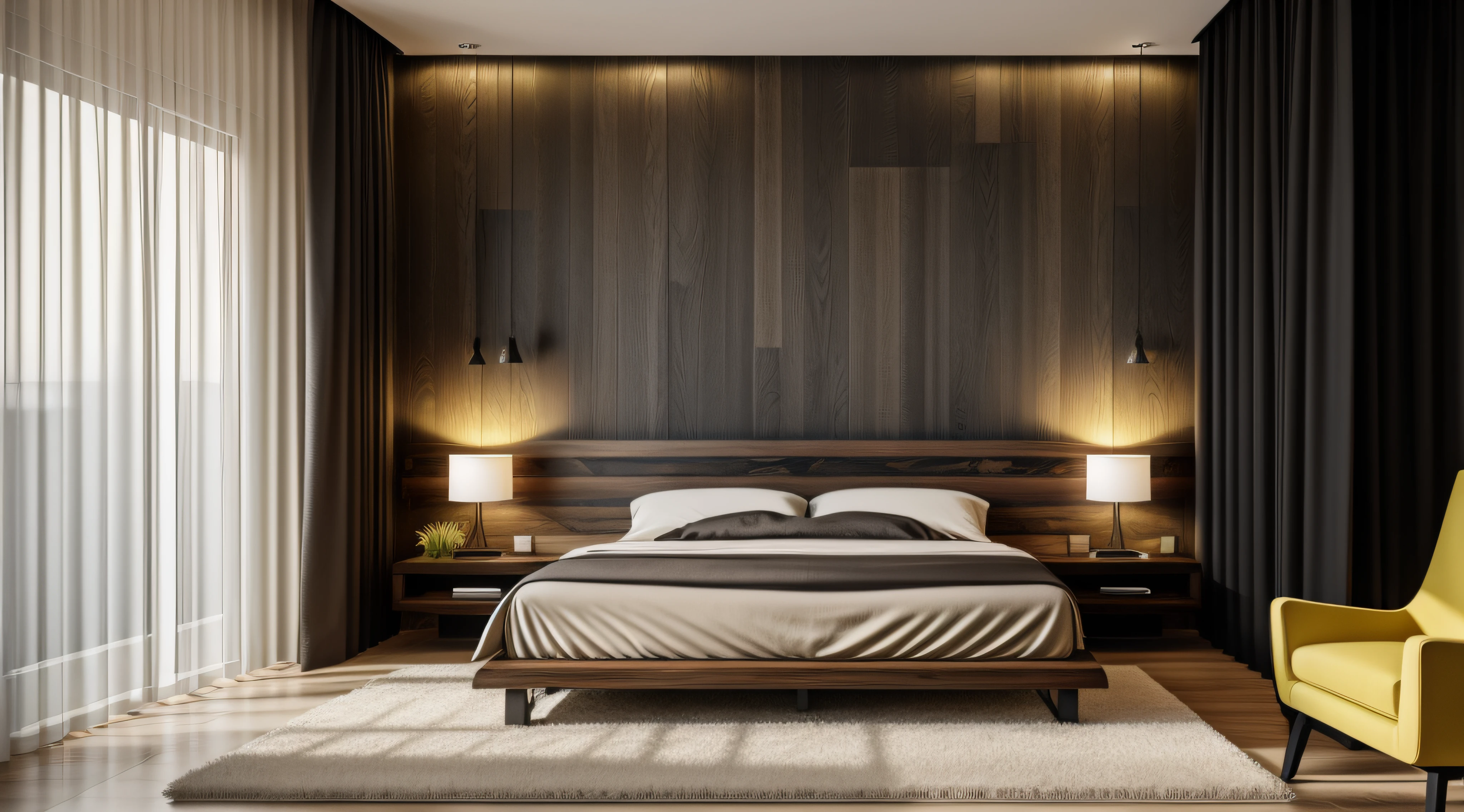 Modern bedroom,Black steel structure,Wood plank background wall,Warm yellow light,Dark gray curtains,Greenery,ultra minimalistic,tmasterpiece,A high resolution,8K