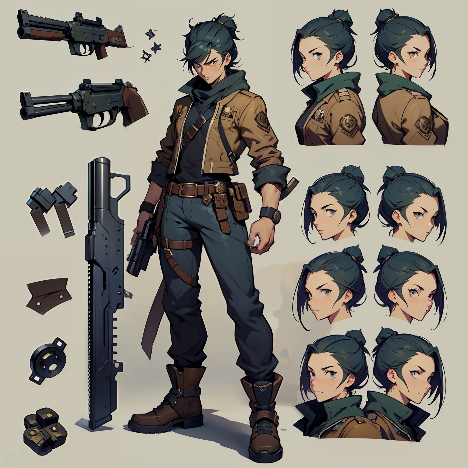 Close-up of a man in a gun costume, ((character concept art)), ((character design sheet, same character, front, side, back)) maple story character art, video game character design, video game character design, maple story gun girl, expert high detail concept art, metal bullet concept art, funny character design, Lucio as a woman, gravity rush inspiration, sticky tar. Concept art, belt buckle at waist, steampunk weapon,