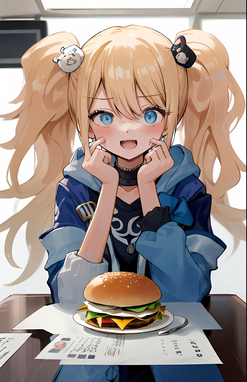 ((masterpiece,best quality)), 1girl, solo,pov,table,fischl (genshin impact), blue eyes, blonde hair, two side up, long hair, hair over one eye,hoodie,open jacket,cropped jacket,contemporary,casual,open mouth,blush,happy,looking at viewer,burger, french fries,soda,sandwich,restaurant, indoors, pov across table