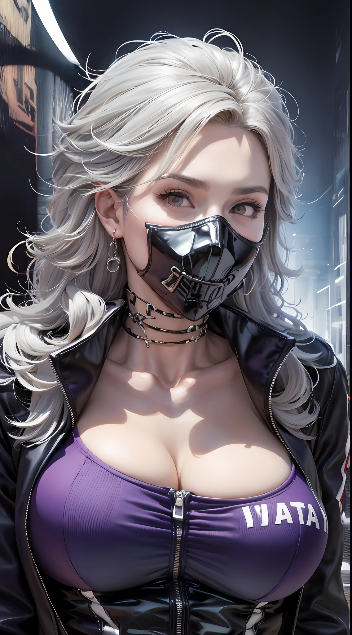 (high quality, masterpiece, best quality, high art), albedo, solo, venusbody, noi_dorohedoro, highres, sharp focus, pixiv masterpiece, ((intricate details)), highly detailed, upper body, 1girl, long hair, muscular, jacket, purple track suit, looking at viewer 8k, uhd, unreal engine render, huge breasts,