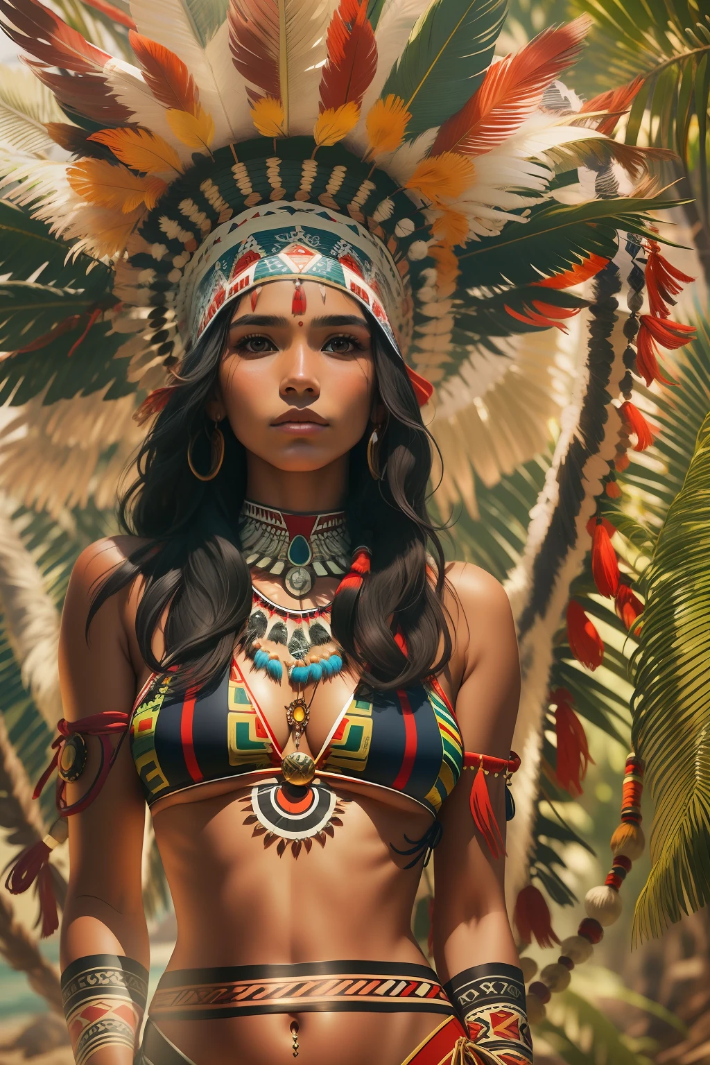 A beautiful indigenous woman in a bikini wearing a headdress, cabelos pretos longos cacheados, rosto bonito, imagem de corpo inteiro, imagem alto detalhe, simetria, Arte de Fantasia