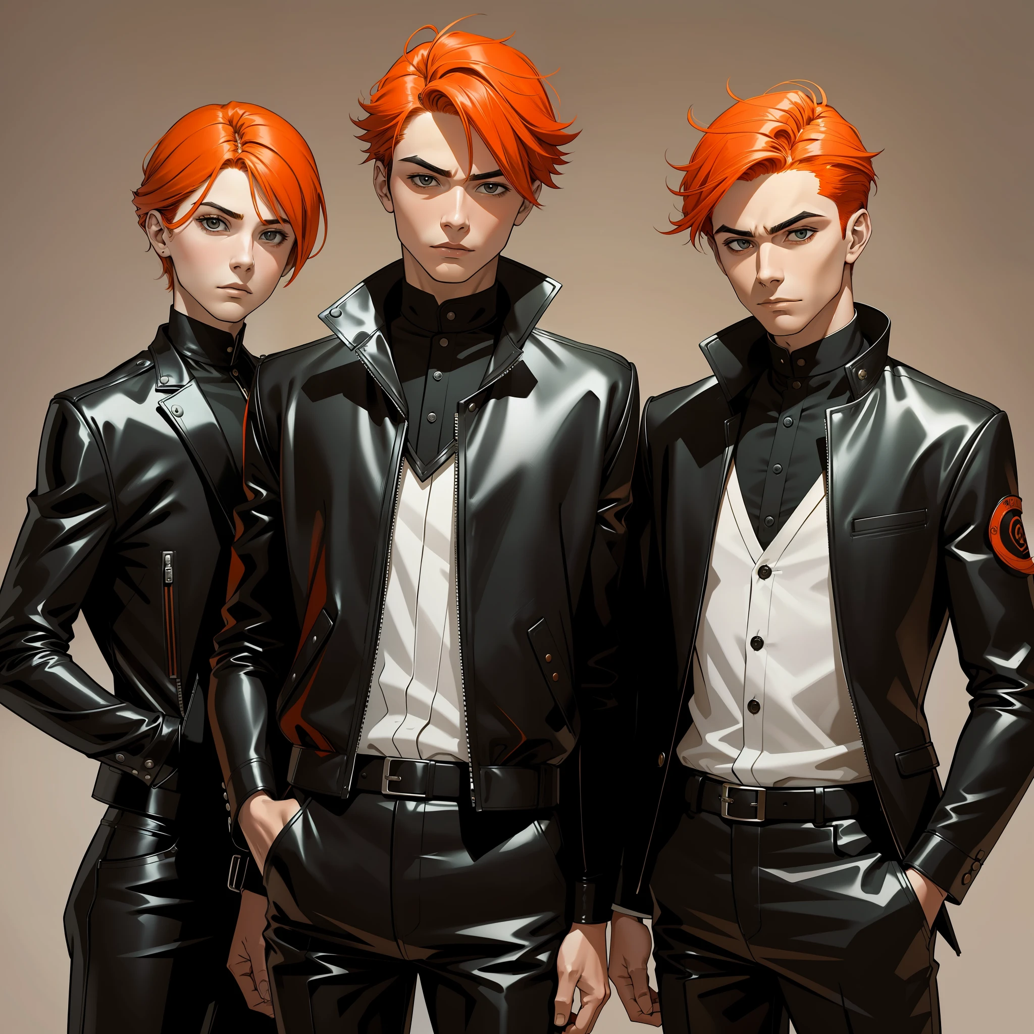 papa, Mom  brothers pose serious for photo orange hair elegant clothes black leather black