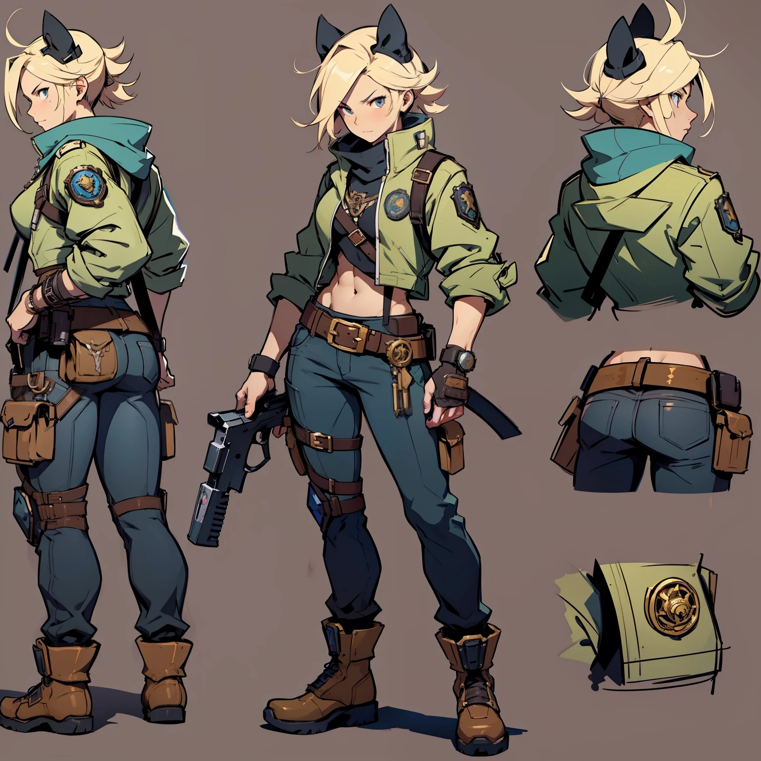 Close-up of a man in a gun costume, ((character concept art)), ((character design sheet, same character, front, side, back)) maple story character art, video game character design, video game character design, maple story gun girl, expert high detail concept art, metal bullet concept art, funny character design, Lucio as a woman, gravity rush inspiration, sticky tar. Concept art, belt buckle at waist, steampunk weapon,