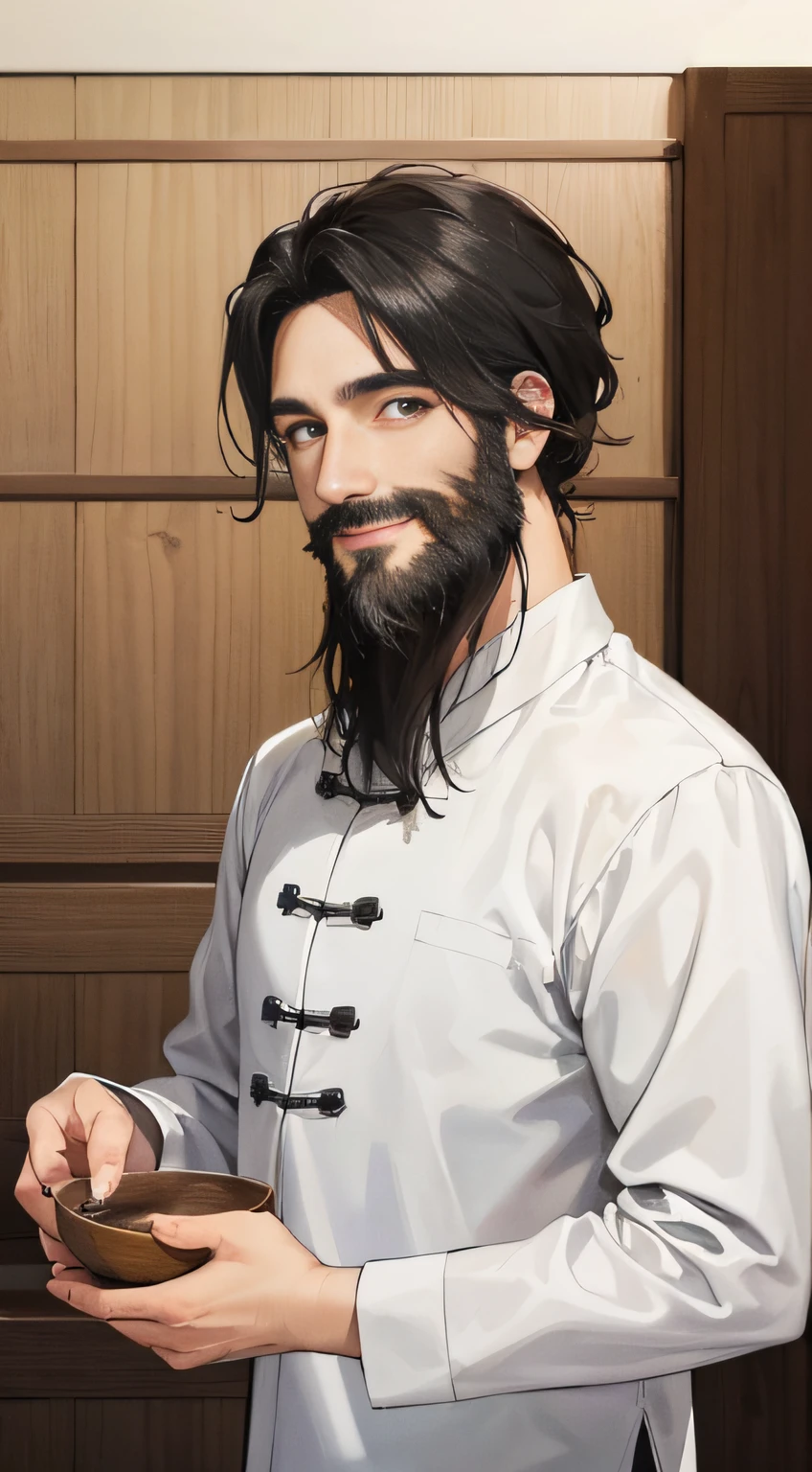 A 30-year-old man, Black hair ,Kind expression,kind,Smiling square chin and sparse beard, His clothes were gray and white, Ancient Chinese flat celebrities,Anime figure ,Rustic,villages
