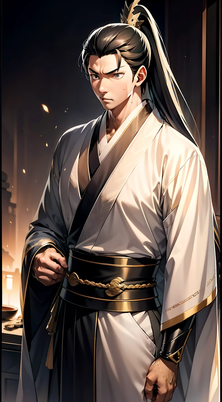 quadratic element,style of anime,mtu(Male Warrior),The proportions are correct,Face details,swordsmen,High ponytail hairstyle,Neck details,There is an Adam's apple,Black Hanfu,kaftan,Embroidered robes,Black robe,clothes details,Handing over,longer sleeves,Game quality,Swordsmanship,Light and shadow tracking,Ray traching,detailed glow,cg render,hair detail,long white hair,Black eyes,Handsome,Handsome,(juvenile sense),Clothing is complicated,Perfectcomposition,Refinement,high qulity,higher details,Lots of details,The background is complex,a sense of atmosphere,