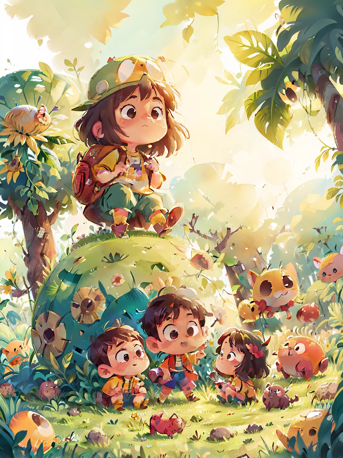 bright sun,large grassland,Children play,critters