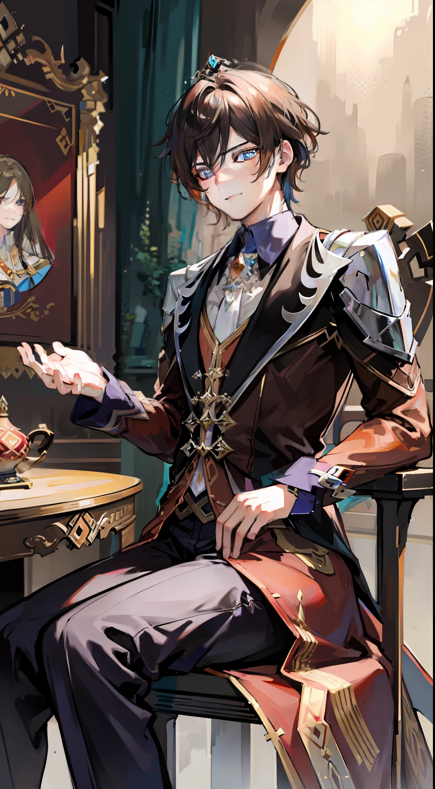 masterpiece, best quality, super detail, illustration (1 male), mid-brown hair with one of white lock hair, blue eyes, crown, sitting on a throne, background with red curtains of a castle, prince's clothing, right hand resting on the arm of the throne and closed fists, cheek resting on closed fist, left hand on thigh, smile from corner of lips,  defined jaw