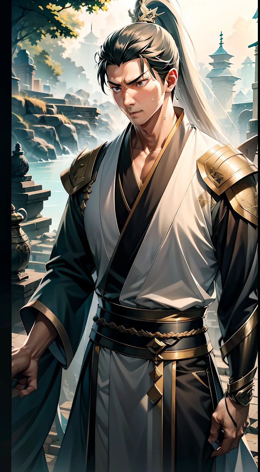 quadratic element，style of anime，mtu（Male Warrior），The proportions are correct，Face details，swordsmen，High ponytail hairstyle，Neck details，There is an Adam's apple，Black Hanfu，kaftan，Embroidered robes，Black robe，clothes details，Handing over，longer sleeves，Game quality，Swordsmanship，Light and shadow tracking，Ray traching，detailed glow，cg render，hair detail，long  white hair，Black eyes，Handsome，Handsome，（juvenile sense），Clothing is complicated，Perfectcomposition，Refinement，high qulity，higher details，Lots of details，The background is complex，a sense of atmosphere，