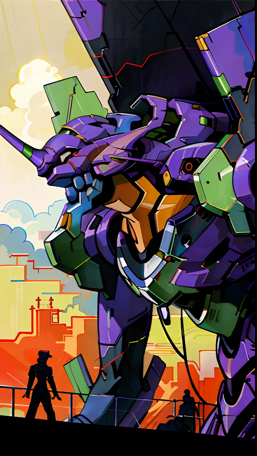 (eva 01), evagod, evangelion mecha, science fiction, looking at viewer, (official art, Best quality, masterpiece:1.2), illustration, high res, beautiful abstract background, Futurism, cyberpunk, intense angle,