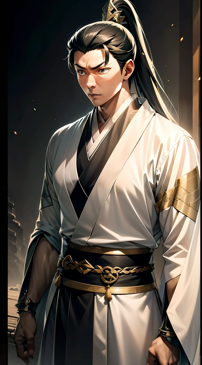 quadratic element，style of anime，mtu（Male Warrior），The proportions are correct，Face details，swordsmen，High ponytail hairstyle，Neck details，There is an Adam's apple，Black Hanfu，kaftan，Embroidered robes，Black robe，clothes details，Handing over，longer sleeves，Game quality，Swordsmanship，Light and shadow tracking，Ray traching，detailed glow，cg render，hair detail，long  white hair，Black eyes，Handsome，Handsome，（juvenile sense），Clothing is complicated，Perfectcomposition，Refinement，high qulity，higher details，Lots of details，The background is complex，a sense of atmosphere，
